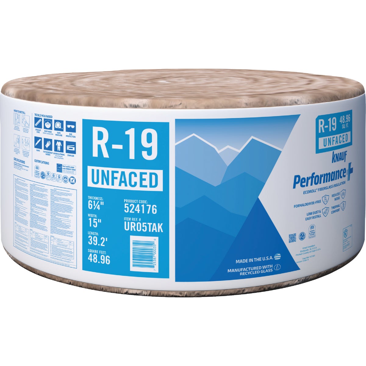 Knauf R-19 15 In. x 39 Ft. Standard Unfaced Roll Fiberglass Insulation Image 1