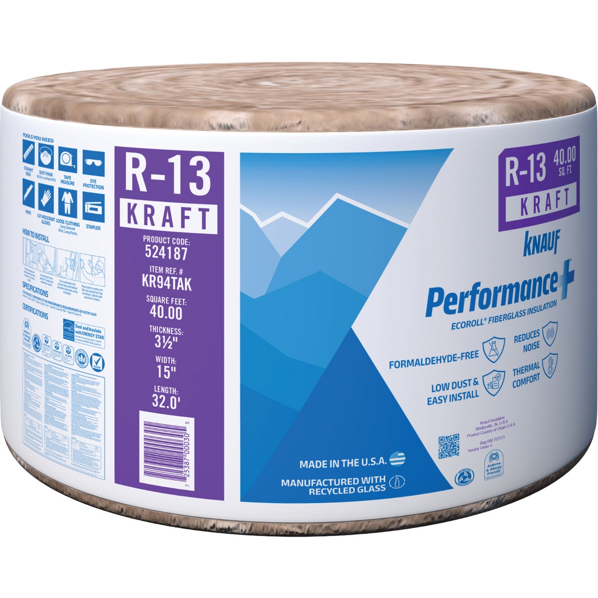 Knauf R-13 15 In. x 32 Ft. Greenguard Kraft Faced Roll Fiberglass Insulation
