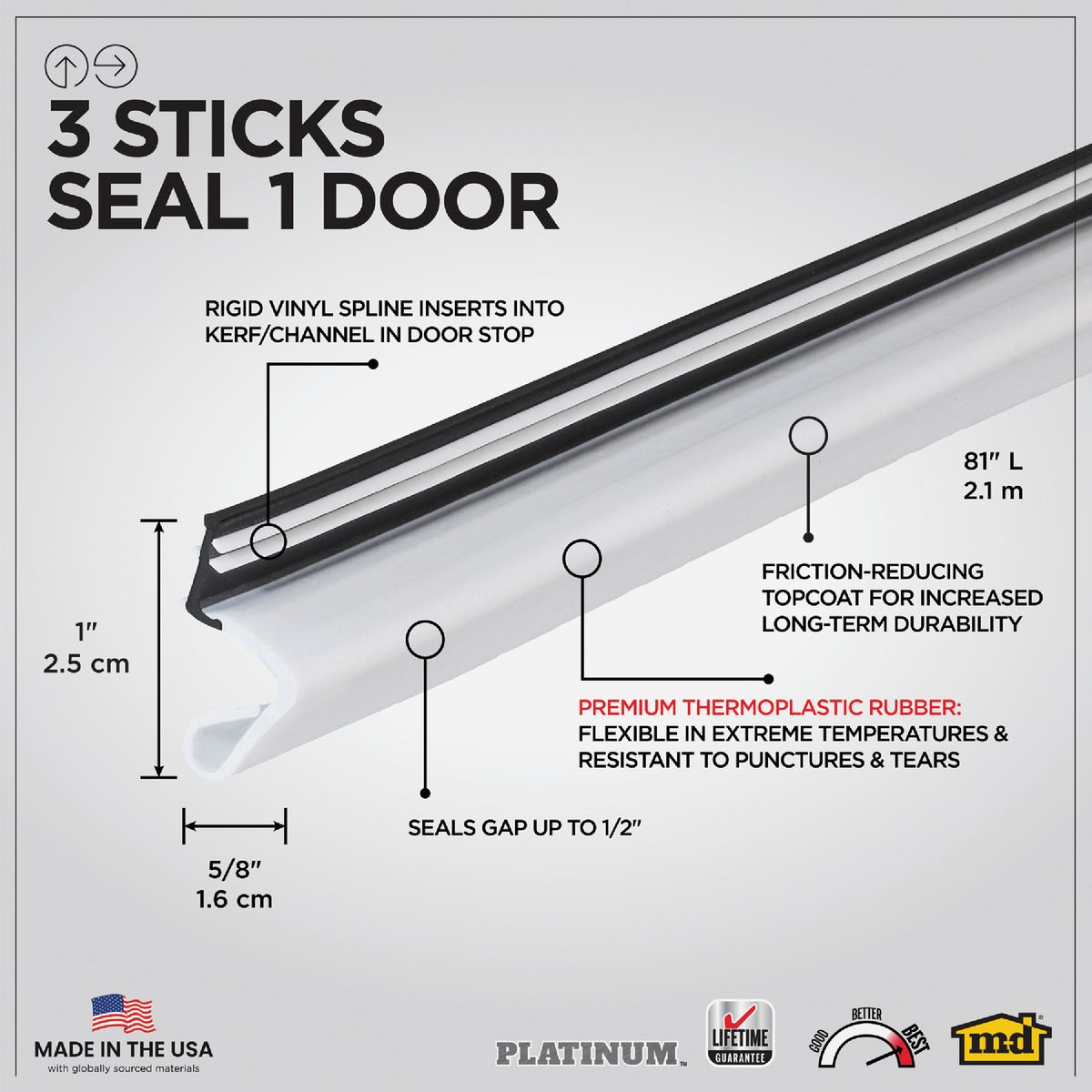 M-D Building Products 81 In. Premium Rubber PLATINUM Top and Sides Door Seal for Doors with Kerf/Channel, White Image 2