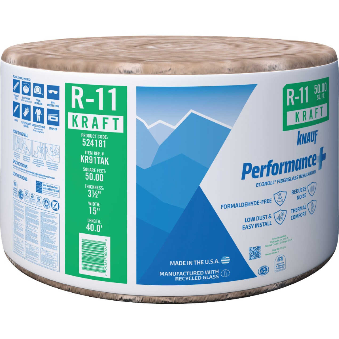Knauf R-11 15 In. x 40 Ft. Greenguard Kraft Faced Roll Fiberglass Insulation Image 1
