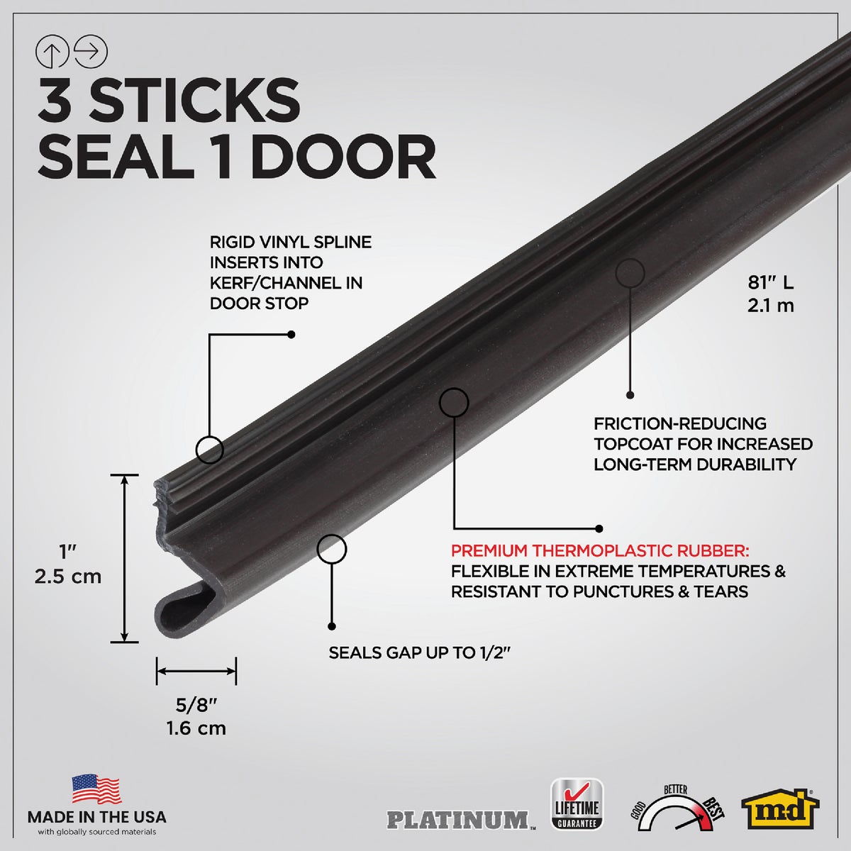 M-D Building Products 81 In. Premium Rubber PLATINUM Top and Sides Door Seal for Doors with Kerf/Channel, Brown Image 2