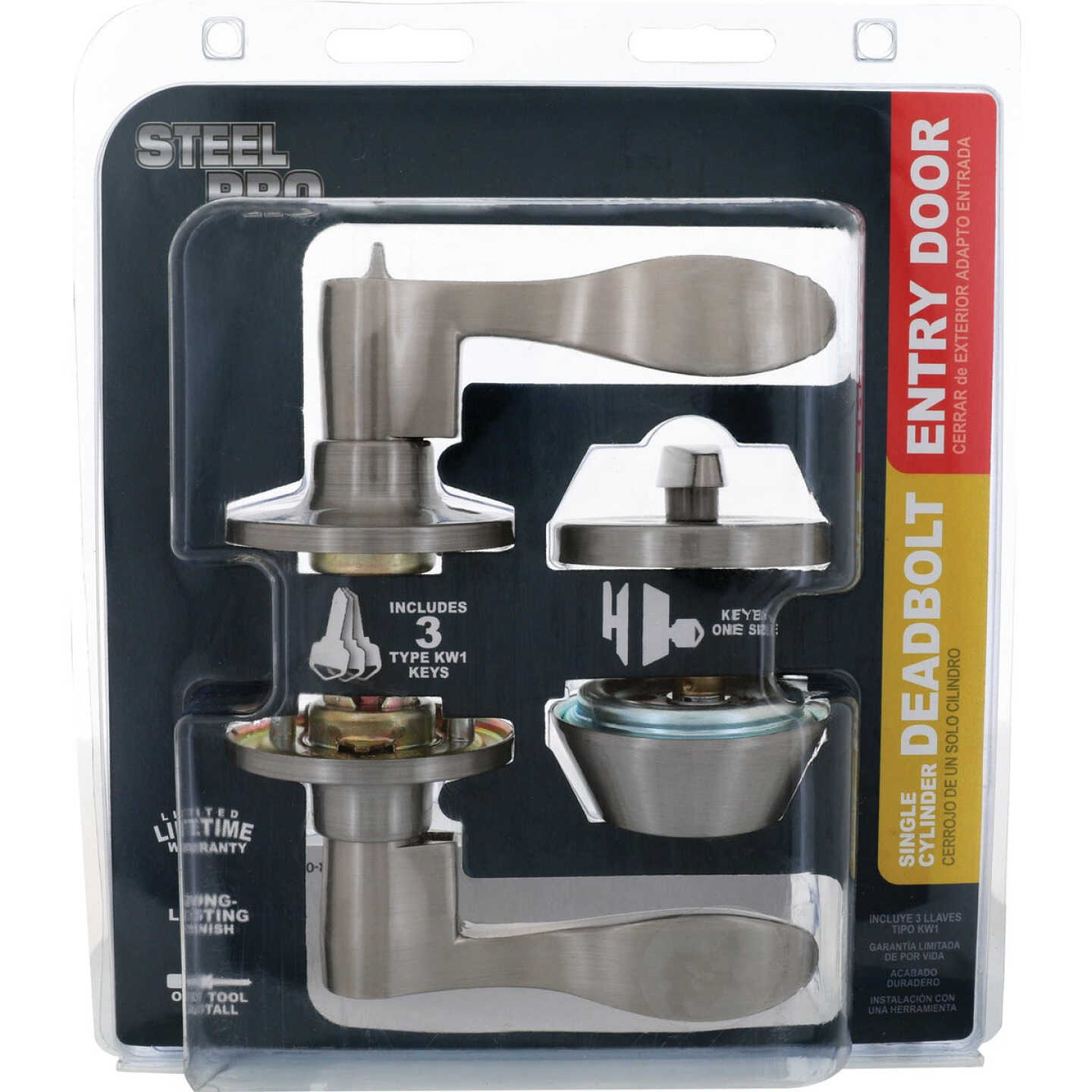 Steel Pro Brushed Nickel Single Cylinder Deadbolt and Lever Combo Image 2