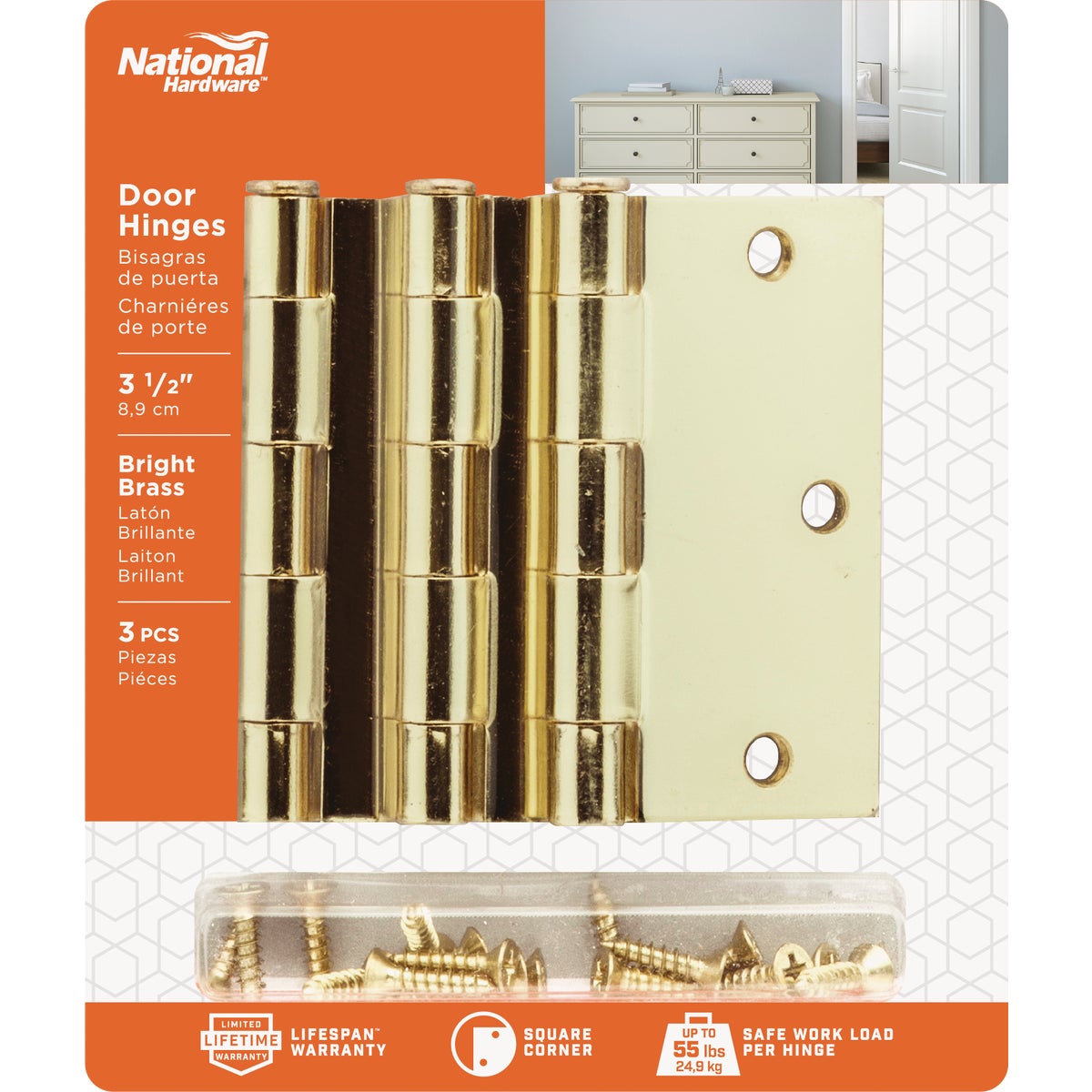 National Hardware 3-1/2 In. Square Satin Brass Door Hinge Image 2