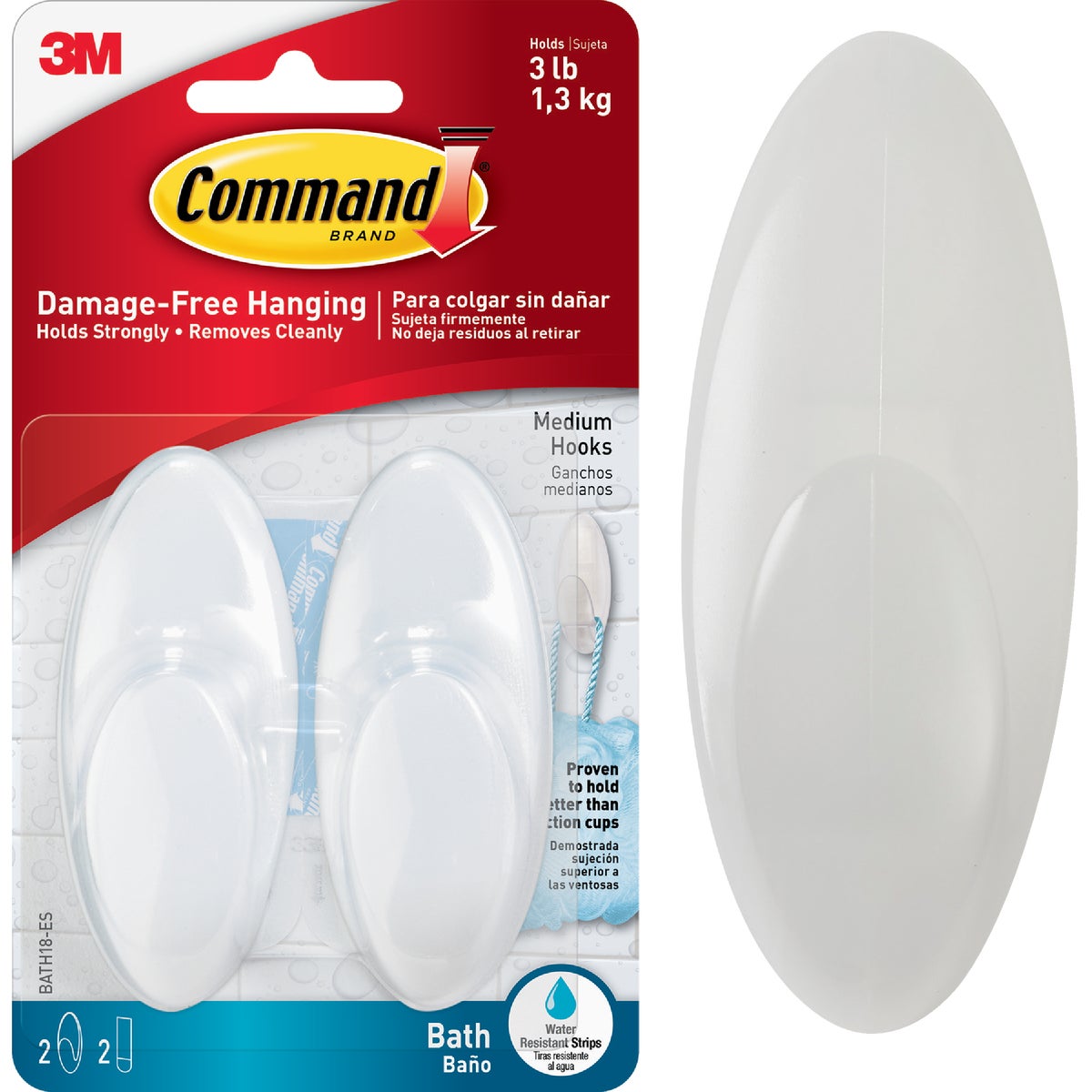 Command Medium Bath Hook, White, 2 Hooks, 2 Strips Image 1