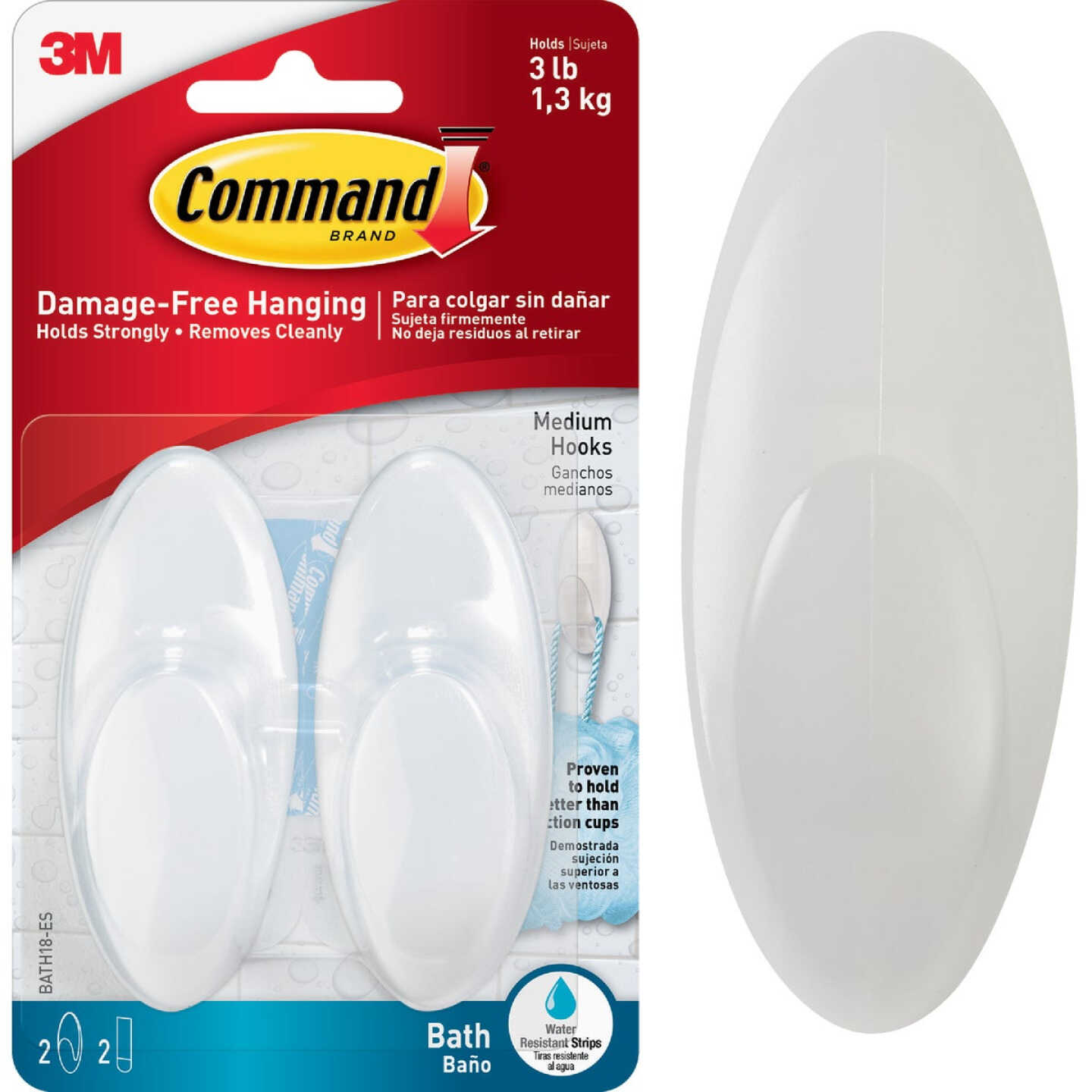 Command Medium Bath Hook, White, 2 Hooks, 2 Strips Image 1