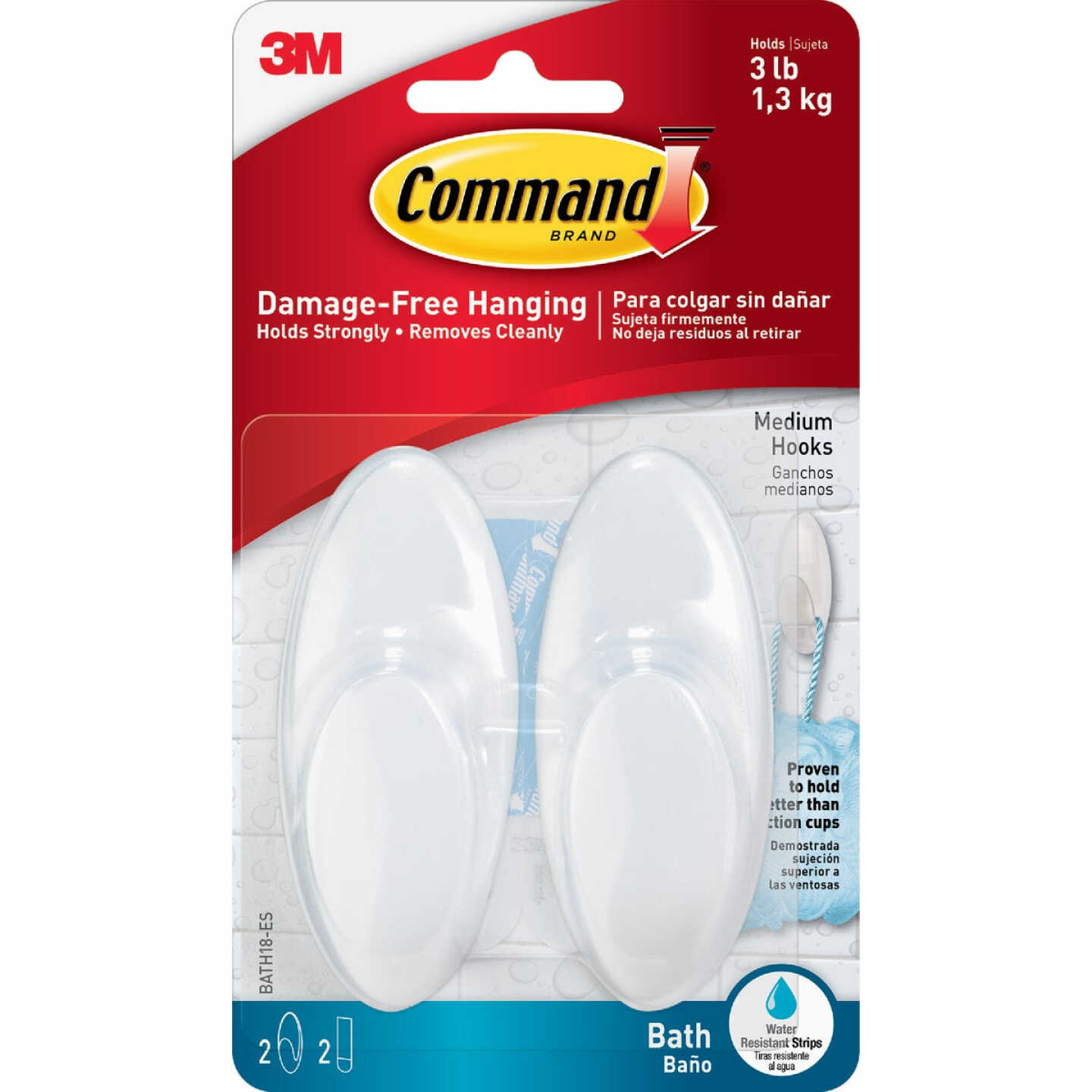 Command Medium Bath Hook, White, 2 Hooks, 2 Strips Image 2