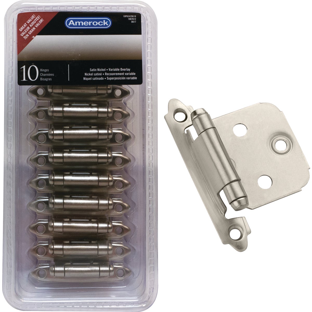Amerock Satin Nickel Face Mount Self-Closing Overlay Hinge (10-Pack) Image 1