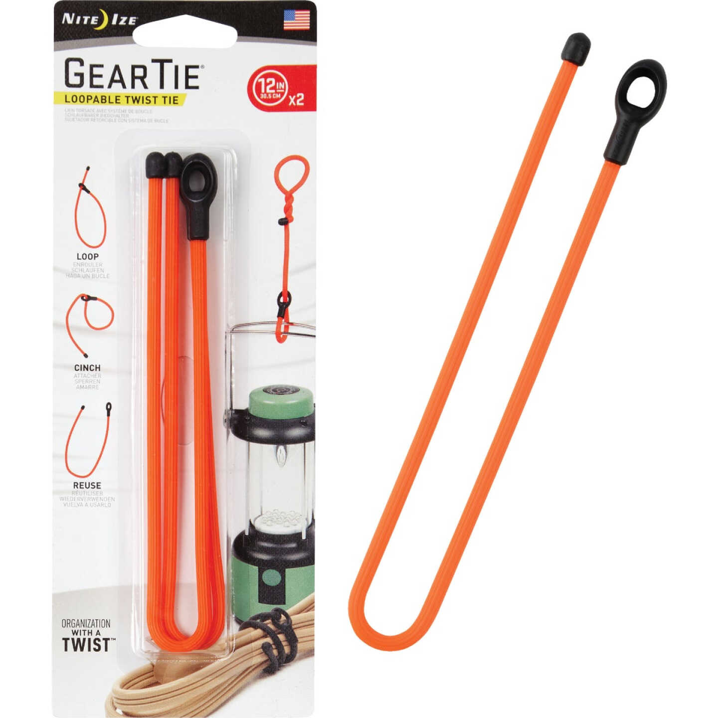 Gear Tie 12 In. Loopable Twist Tie - Bright Orange (2-Pack) Image 1