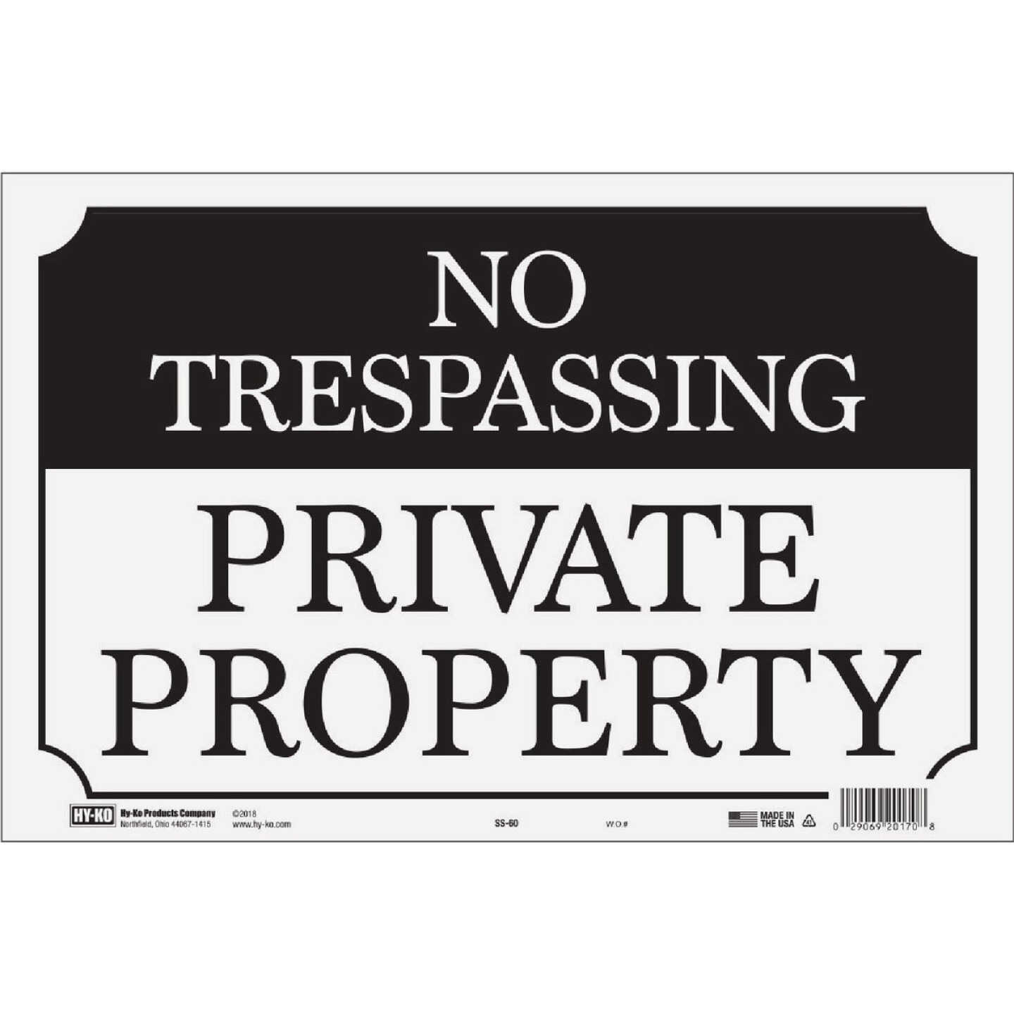 Hy-Ko 9 x 14 Black/White Aluminum Sign, No Trespassing/Private Property Image 1