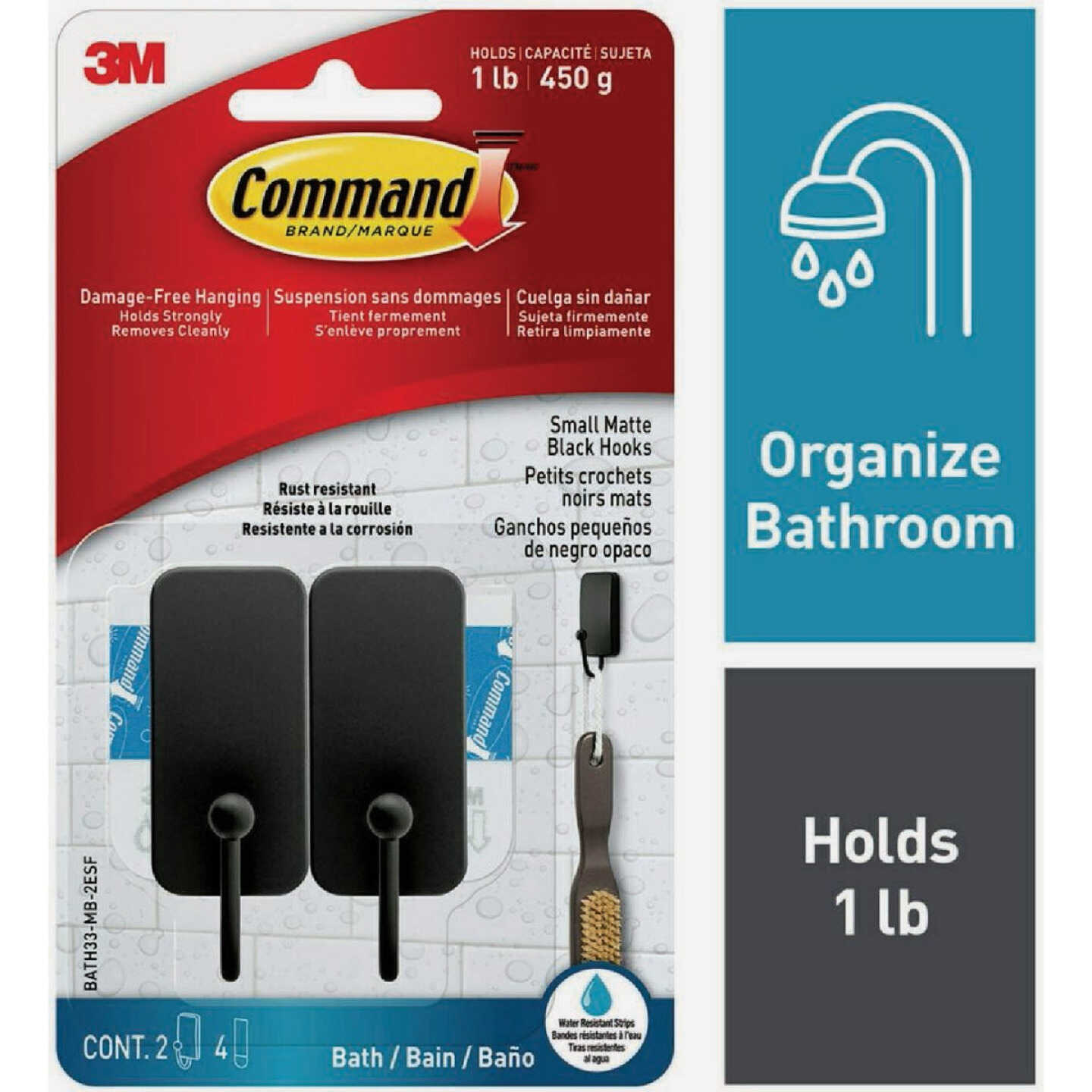 Command Small Bath Hook, Matte Black, 2 Hooks, 4 Strips Image 1