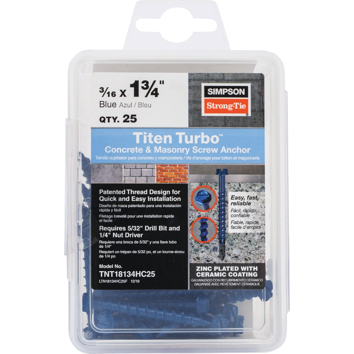 Simpson Strong-Tie Titen Turbo 3/16 In. x 1-3/4 In. Hex-Head Concrete and Masonry Screw, Blue (25-Count)