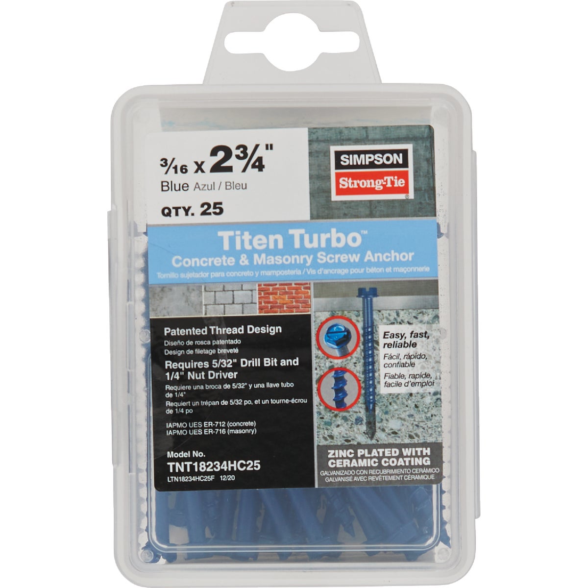 Simpson Strong-Tie Titen Turbo 3/16 In. x 2-3/4 In. Hex-Head Concrete and Masonry Screw, Blue (25-Count)