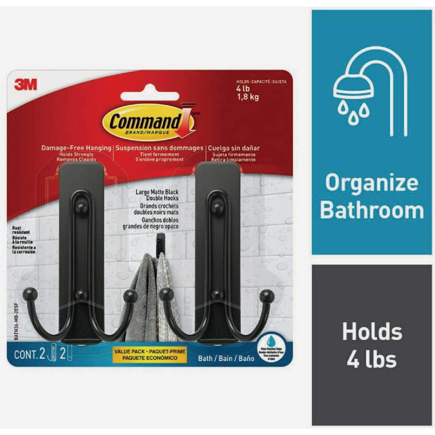 Command Large Double Bath Hook, Matte Black, 2 Hooks, 2 Strips Image 1