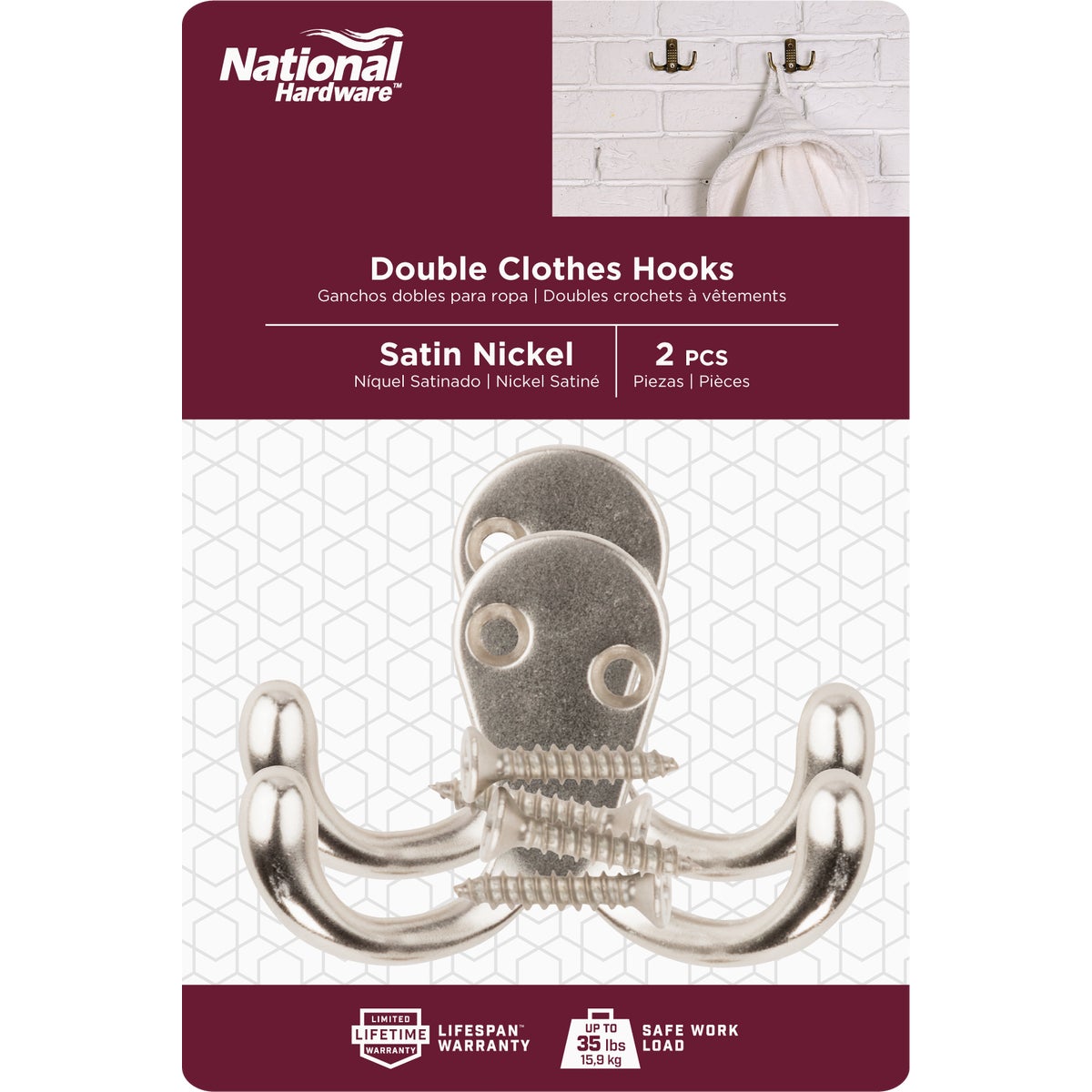 National Hardware Satin Nickel Double Clothes Hook (2-Pack) Image 2