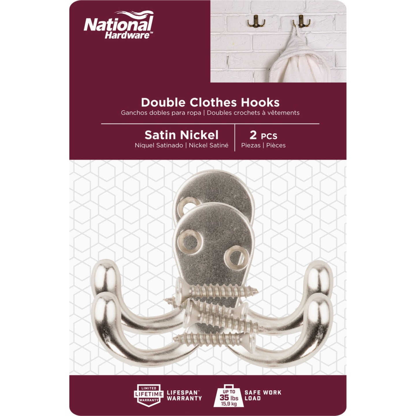 National Hardware Satin Nickel Double Clothes Hook (2-Pack) Image 2