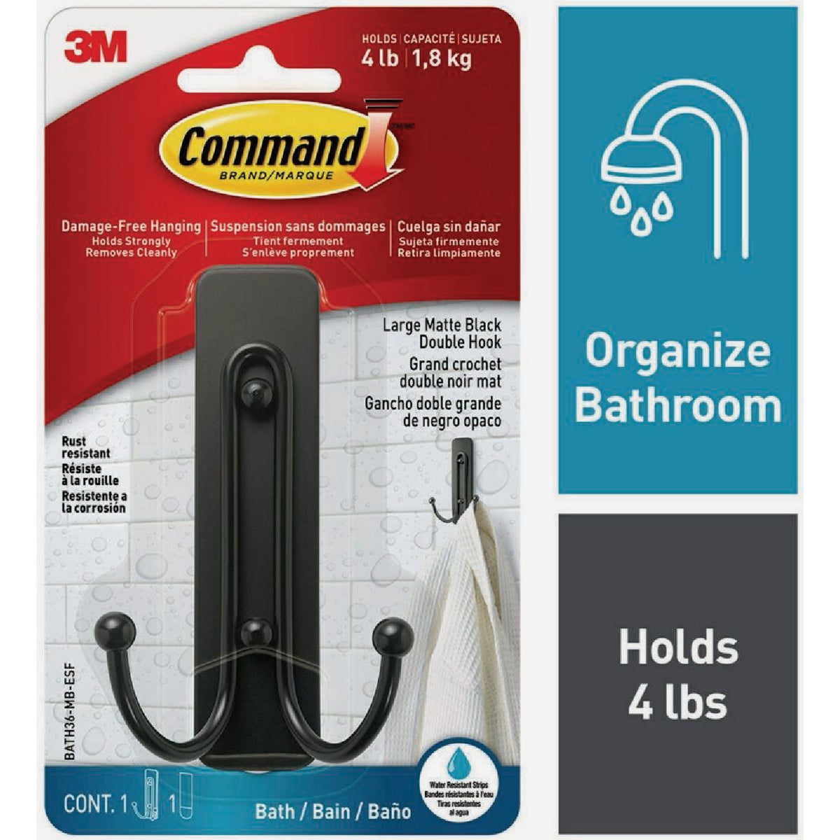Command Large Double Bath Hook, Matte Black, 1 Hook, 2 Strips Image 1