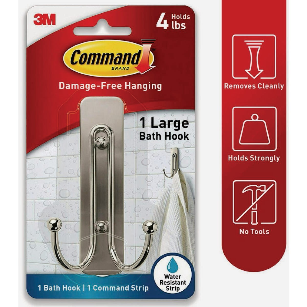 Command Large Double Bath Hook, Satin Nickel, 1 Hook, 1 Strip Image 1
