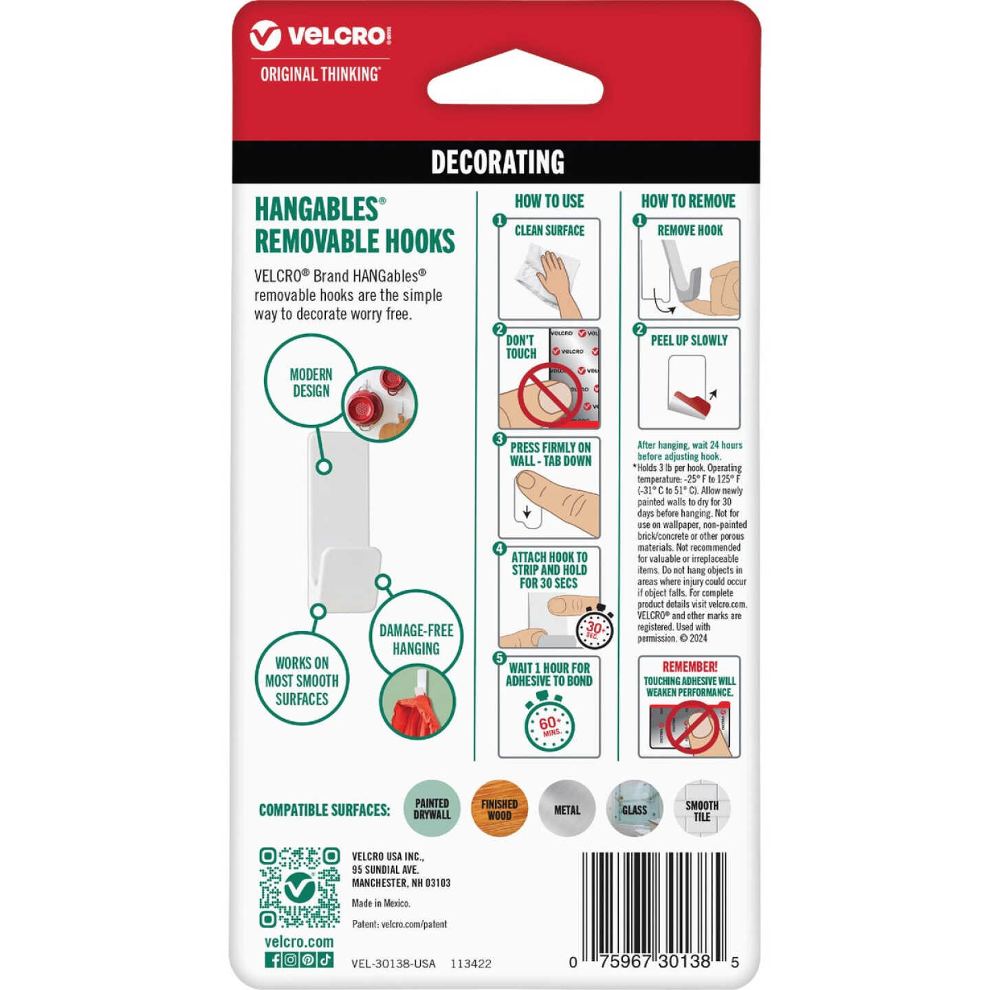 Velcro Brand Hangables 3 Lb. Capacity White Removable Medium Hook (2 Count) Image 4