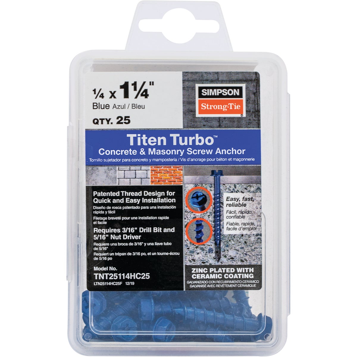 Simpson Strong-Tie Titen Turbo 1/4 In. x 1-1/4 In. Hex-Head Concrete and Masonry Screw, Blue (25-Count)