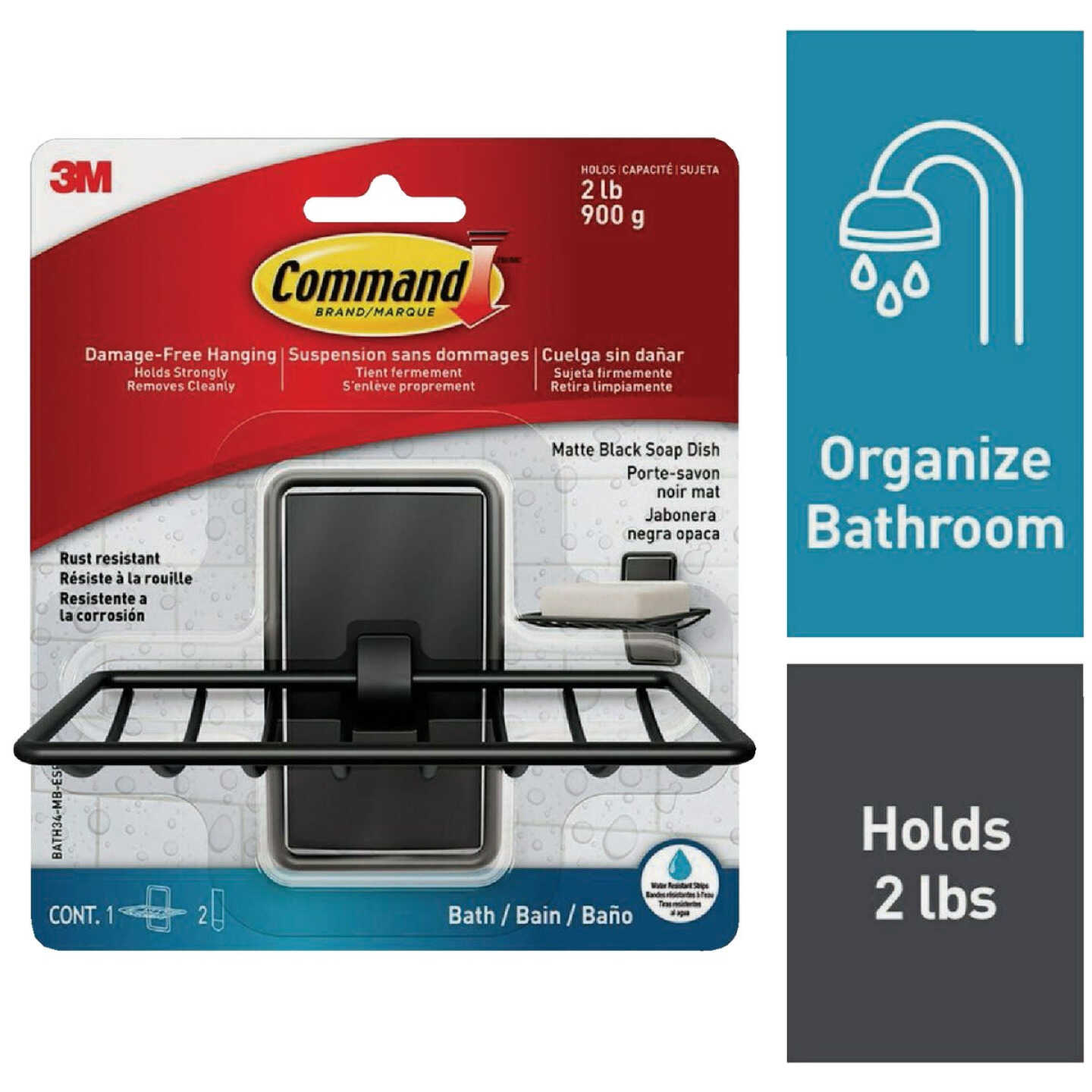 Command Adhesive Soap Dish, Matte Black, 2 Medium Water-Resistant Strips Image 1