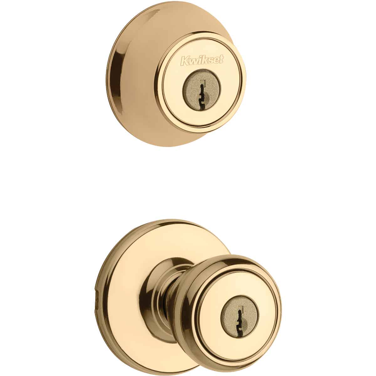Kwikset Tylo Bright Brass Deadbolt and Door Knob Combo Image 1