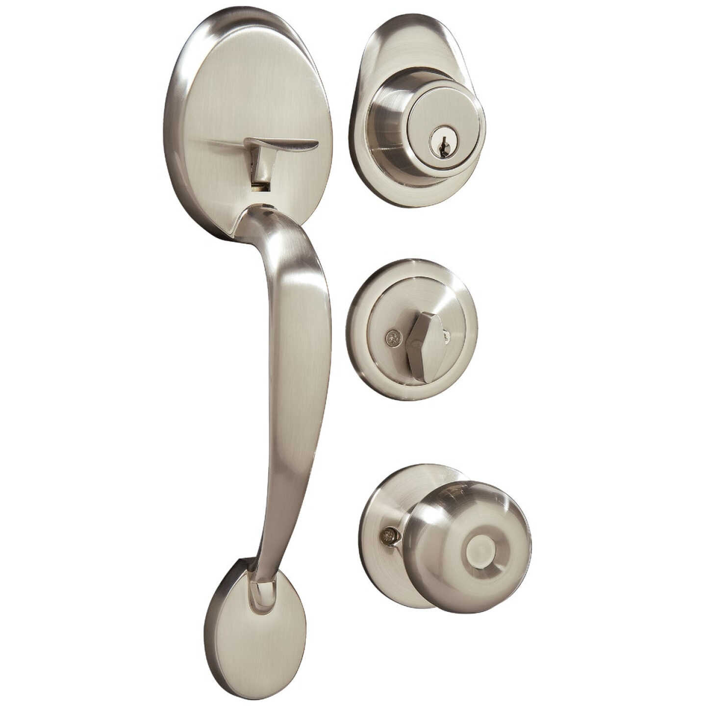 Steel Pro Brushed Nickel Entry Door Handleset with Half Round Interior Knob Image 1