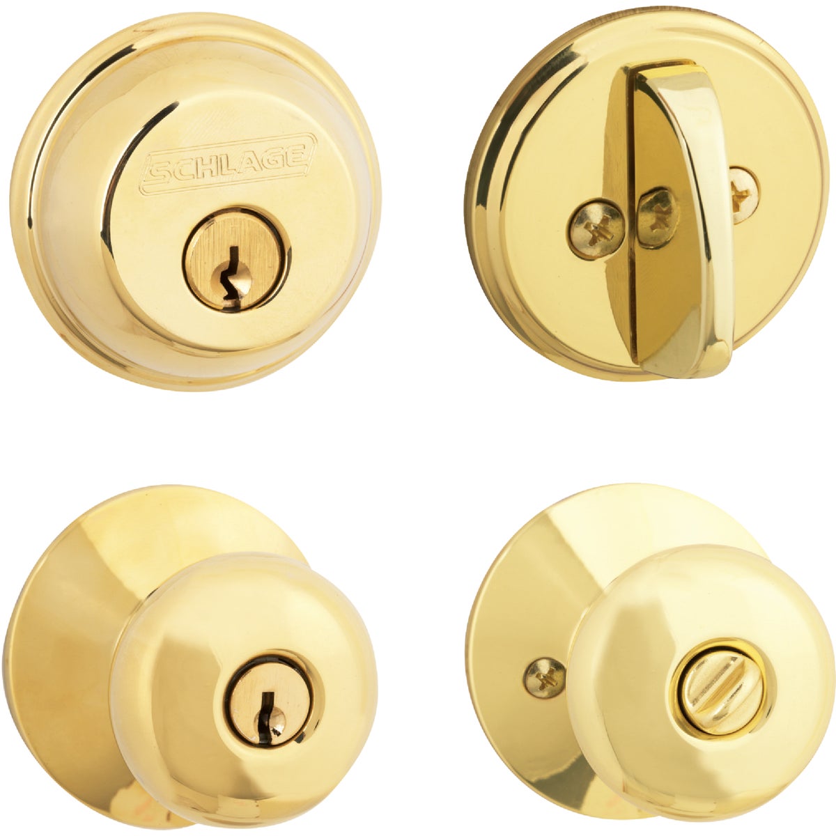 Schlage Bright Brass Single Cylinder Deadbolt & Plymouth Keyed Entry Knob Image 1