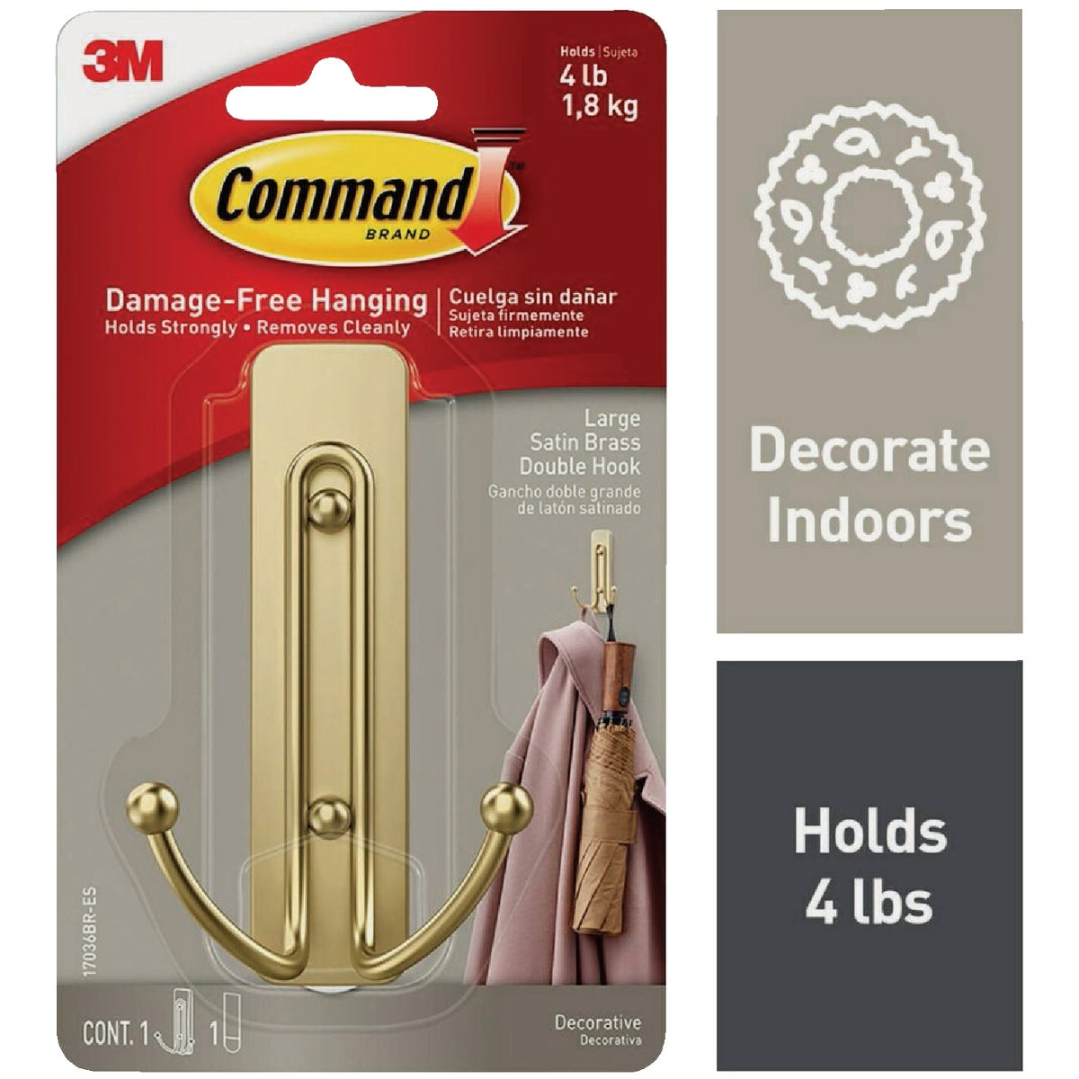 Command Large Decorative Double Hook, Satin Brass, 1 Hook, 1 Strip