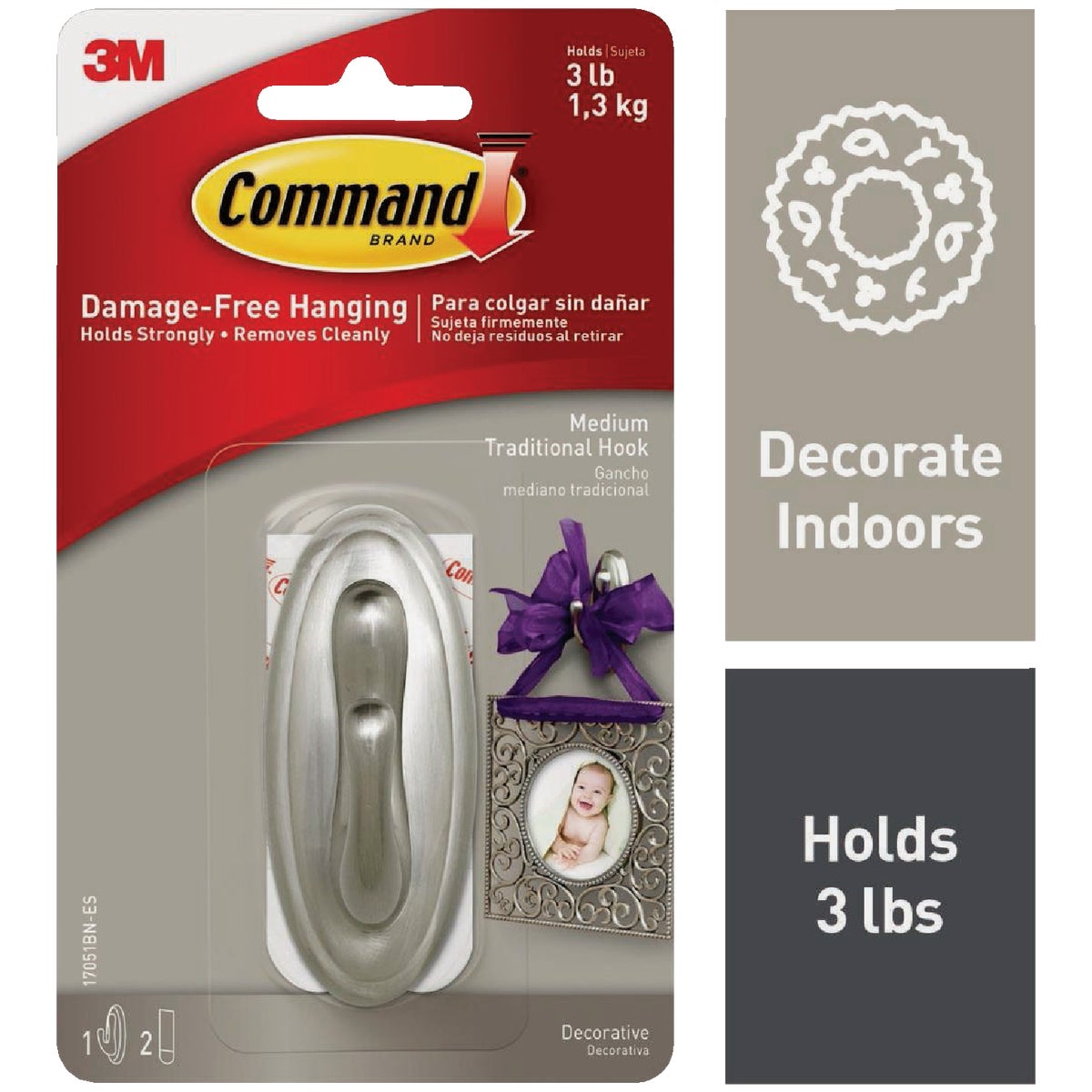 Command Medium Brushed Nickel Traditional Hook, 1 Hook, 2 Strips