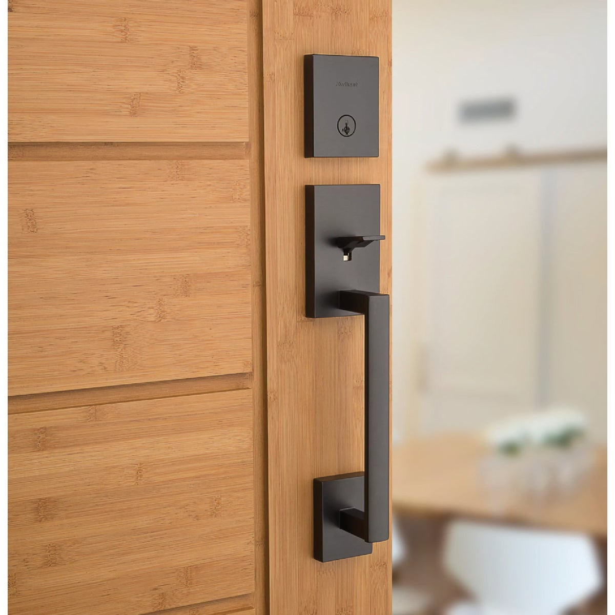 Kwikset Signature Series San Clemente Matte Black Entry Door Handleset with Smartkey & Halifax Lever Image 2