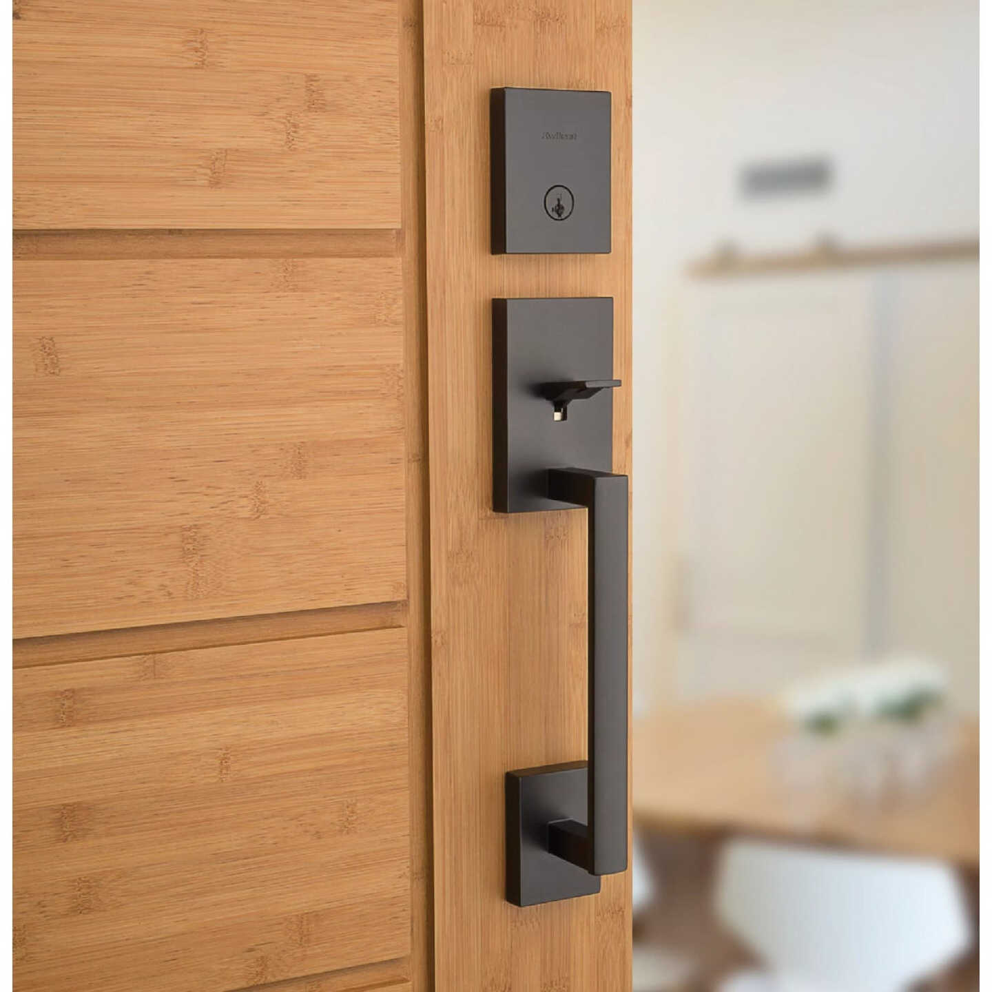 Kwikset Signature Series San Clemente Matte Black Entry Door Handleset with Smartkey & Halifax Lever Image 2