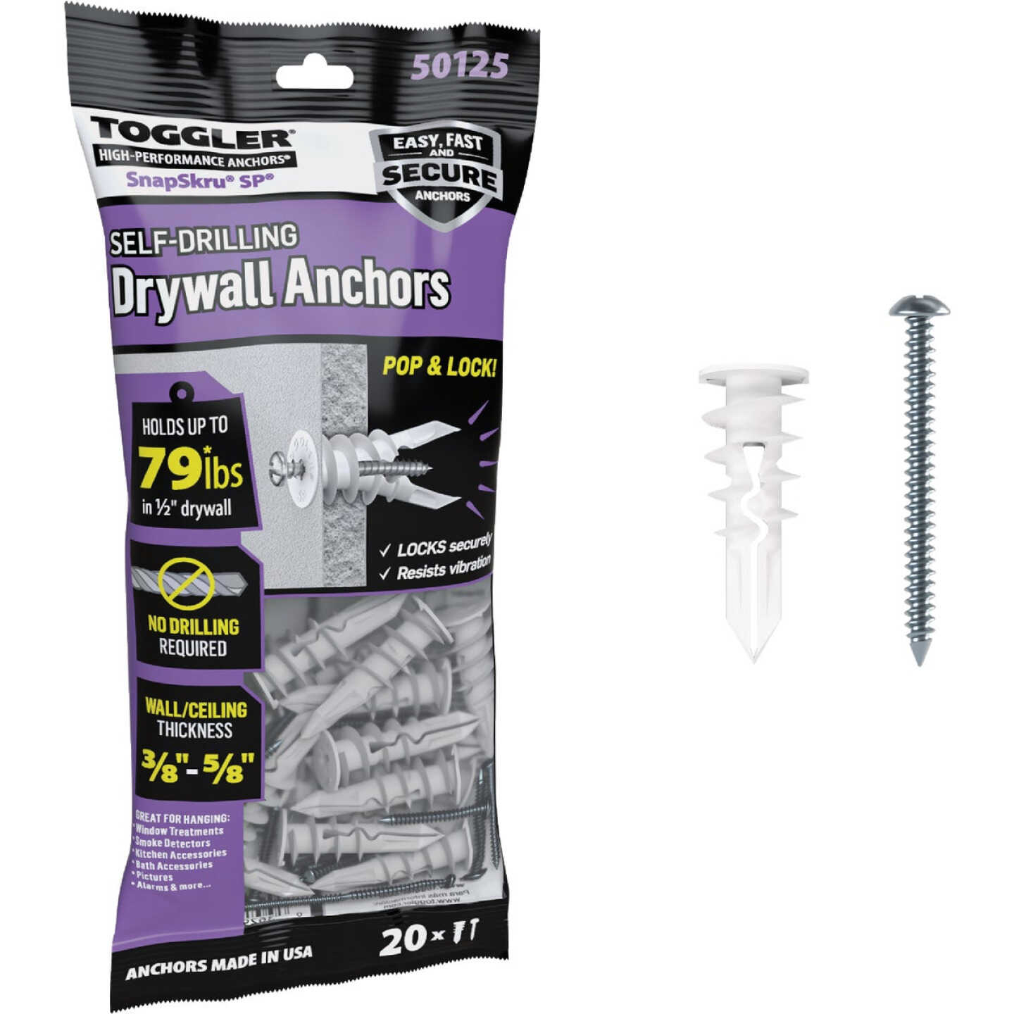 Toggler SnapSkru #8 x 1-1/2 In. 79 Lb. Nylon Self-Drilling Drywall Anchor (20-Count) Image 1