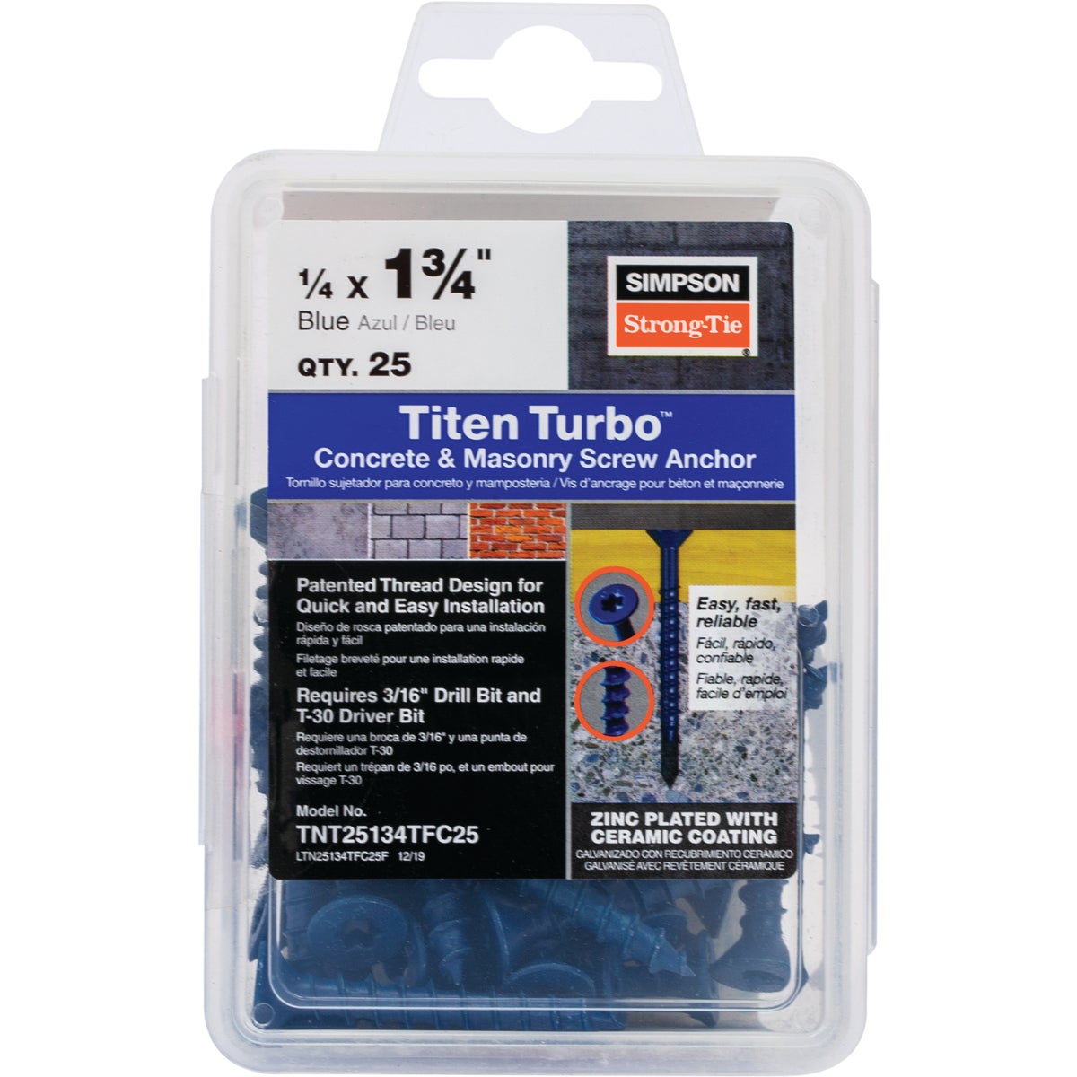 Simpson Strong-Tie Titen Turbo 1/4 In. x 1-3/4 In. T25 Flat-Head Concrete and Masonry Screw, Blue (25-Count)