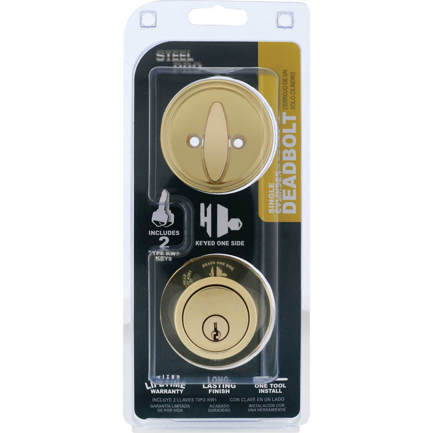 Steel Pro Polished Brass Single Cylinder Deadbolt Image 2