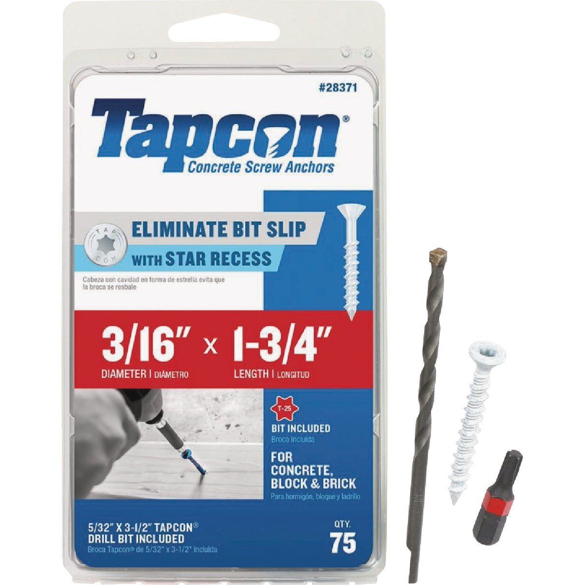 Tapcon 3/16 In. x 1-3/4 In. Star Drive Flat Head White Concrete Screw Anchor (75-Count)