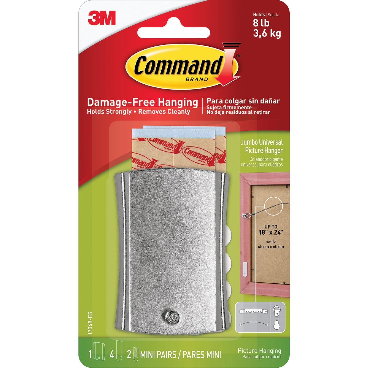Command Sticky Nail Wire-Backed Hanger, Silver, 1 Hanger, 4 Large Strips, 2 Pairs of Mini Strips Image 2