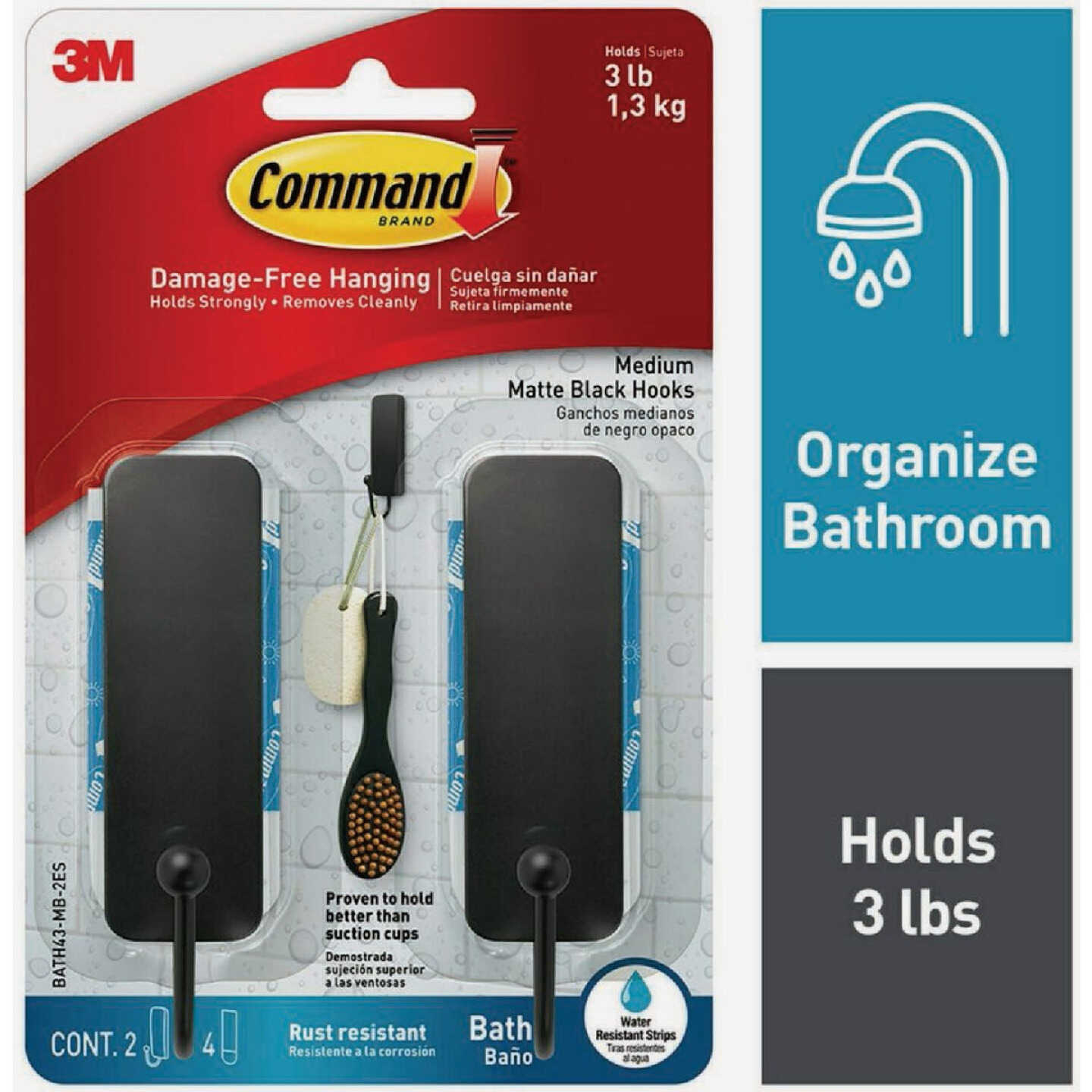 Command Medium Bath Hooks, Matte Black, 2 Hooks, 4 Strips Image 1