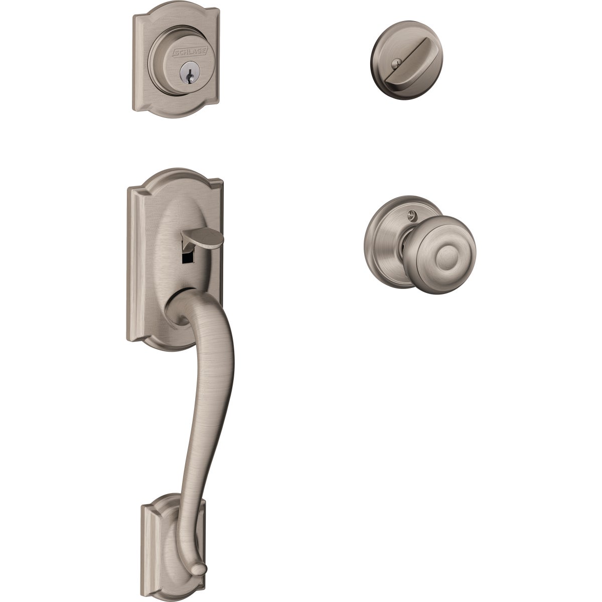 Schlage Camelot Satin Nickel Entry Door Handleset with Single Cylinder Deadbolt & Georgian Knob