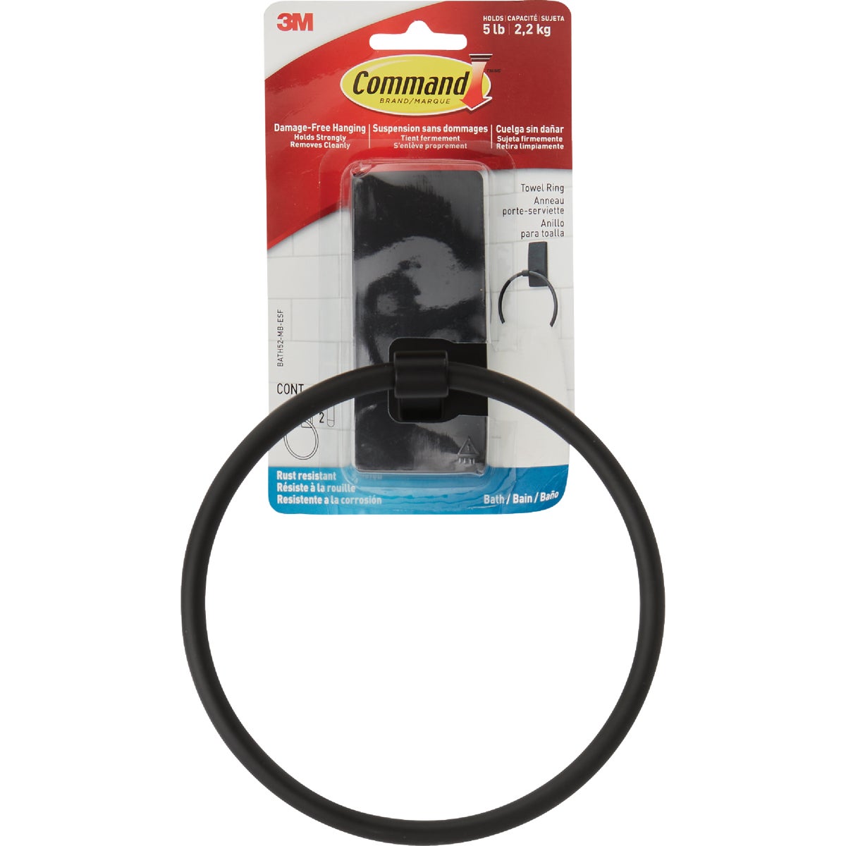 Command Bath Matte Black Adhesive Towel Ring, 2 Strips Image 7