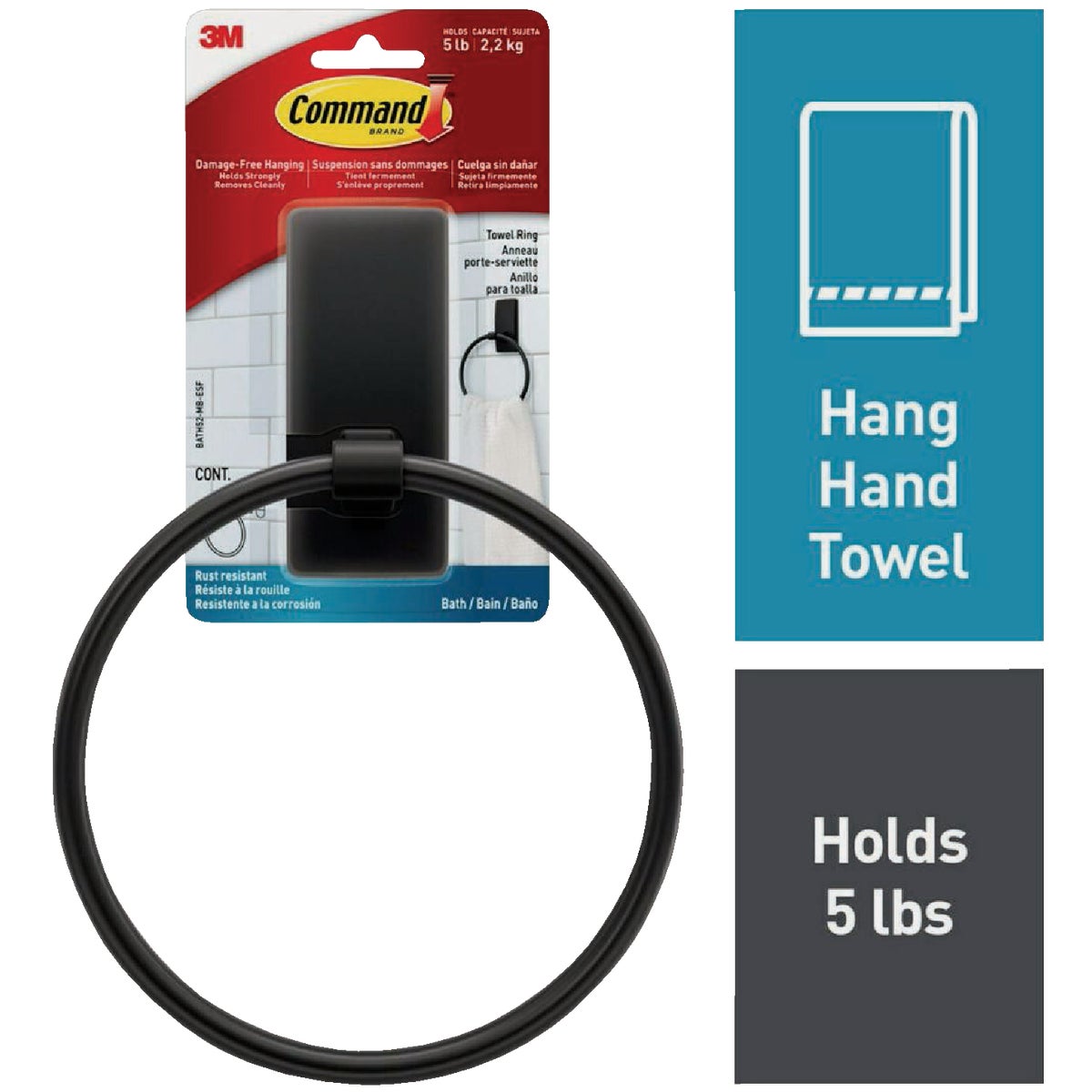 Command Bath Matte Black Adhesive Towel Ring, 2 Strips Image 1
