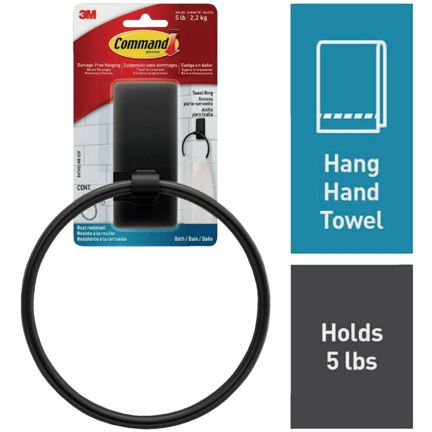 Command Bath Matte Black Adhesive Towel Ring, 2 Strips Image 1