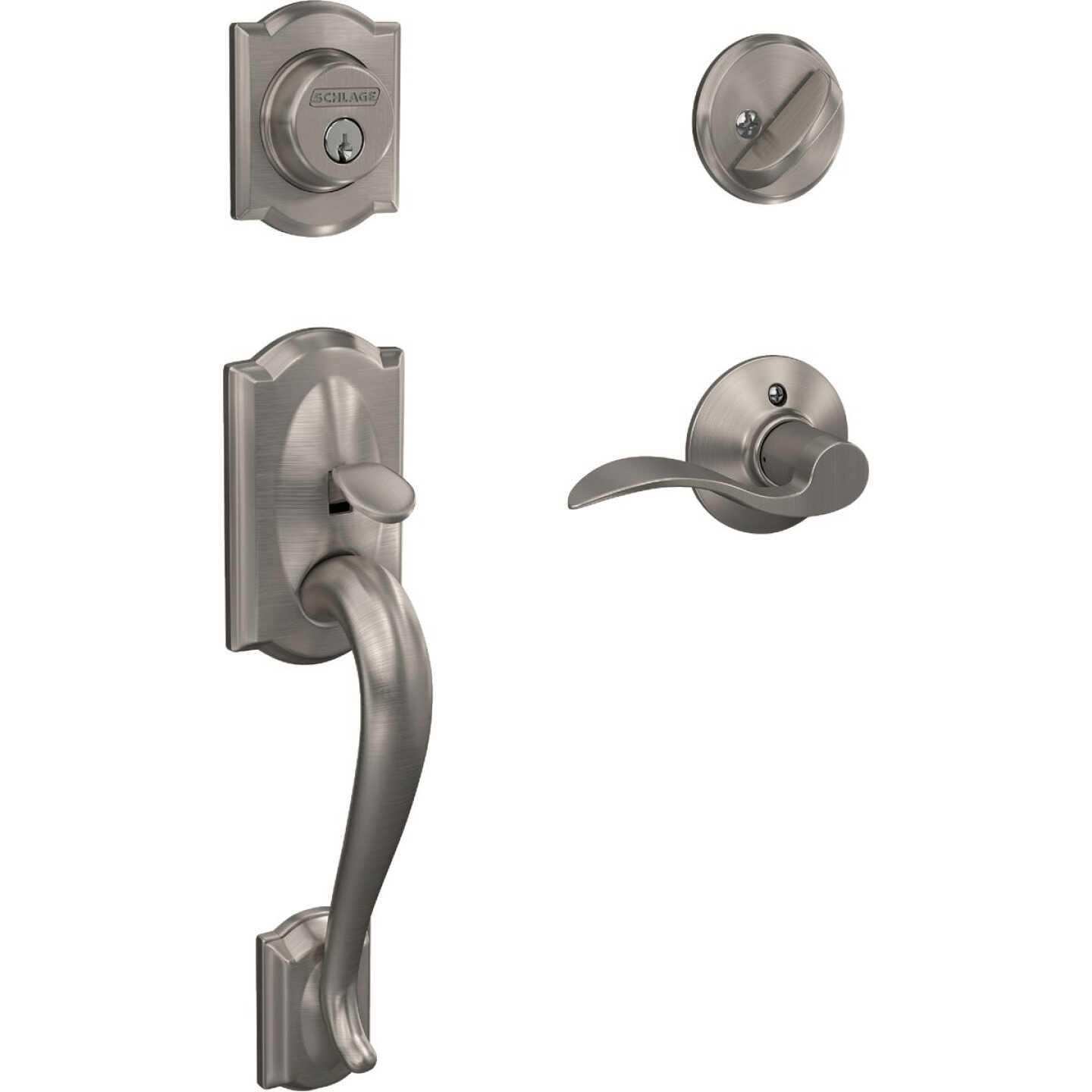 Schlage Camelot Satin Nickel Handleset with Single Cylinder Deadbolt & Accent Lever, Left Handed Image 1