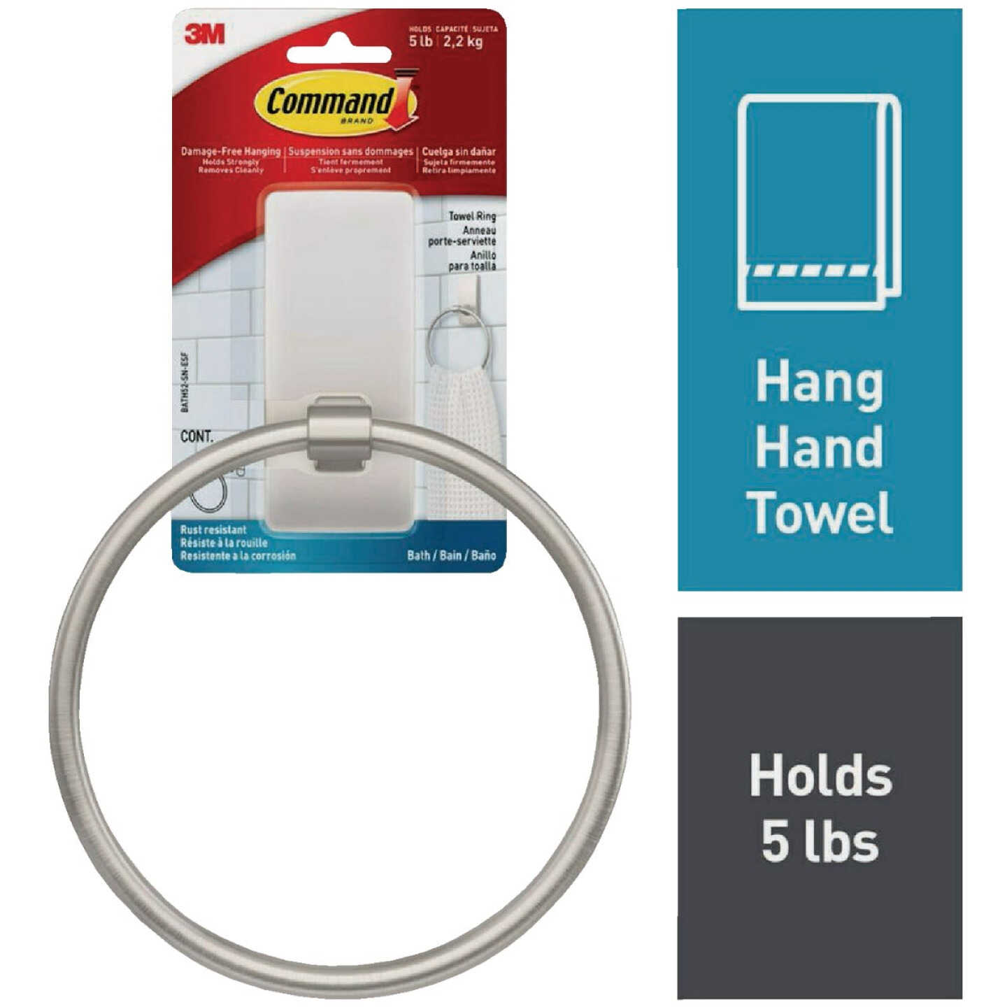 Command Bath Satin Nickel Adhesive Towel Ring, 2 Strips Image 1