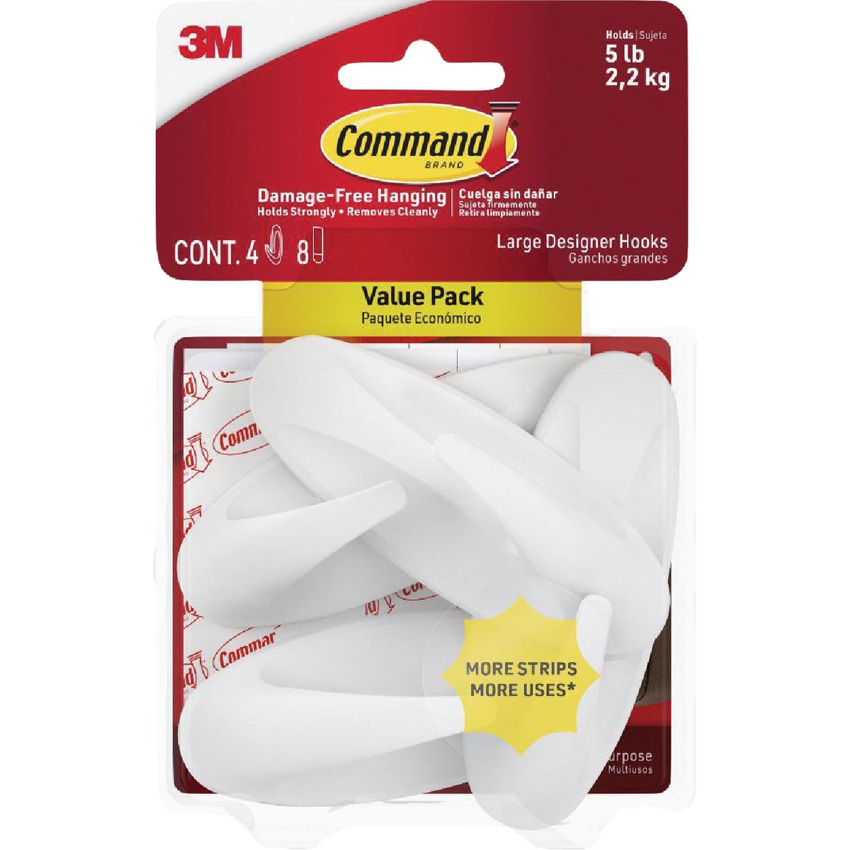 Command Large Designer Hook Value Pack, White, 4 Hooks, 8 Strips