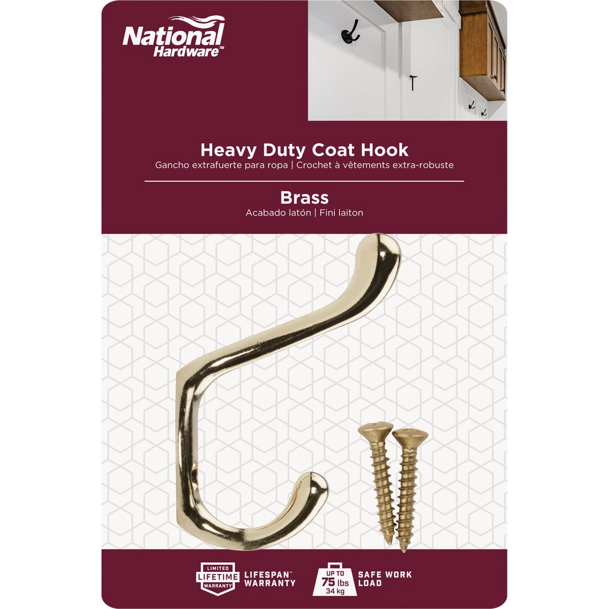 National Hardware Heavy-Duty Bright Brass Wardrobe Hook Image 2