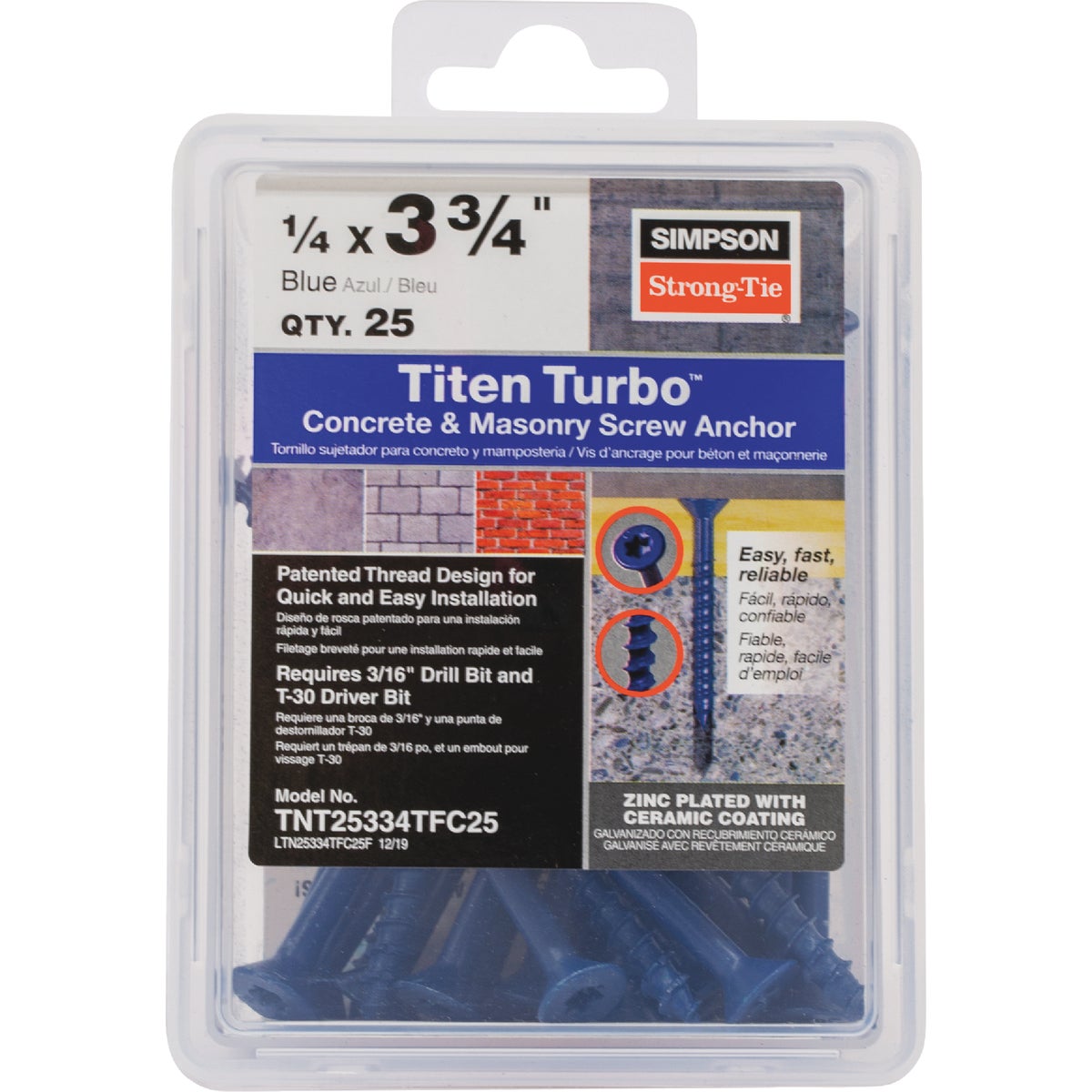 Simpson Strong-Tie Titen Turbo 1/4 In. x 3-3/4 In. T25 Flat-Head Concrete and Masonry Screw, Blue (25-Count)