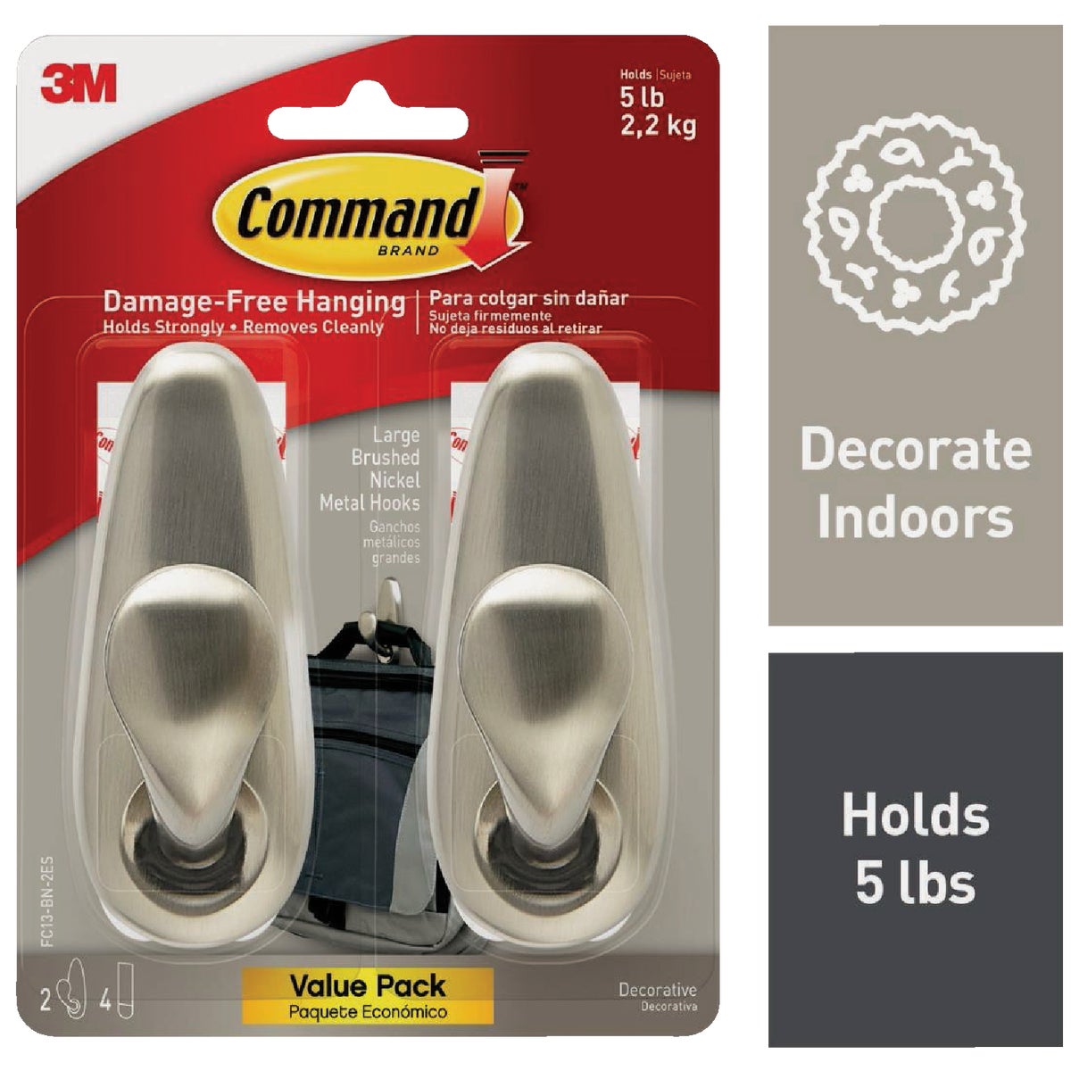 Command Large Forever Classic Hook, Brushed Nickel, 2 Hooks, 4 Strips