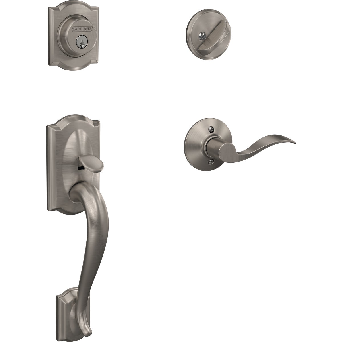 Schlage Camelot Satin Nickel Handleset with Single Cylinder Deadbolt & Accent Lever, Right Handed