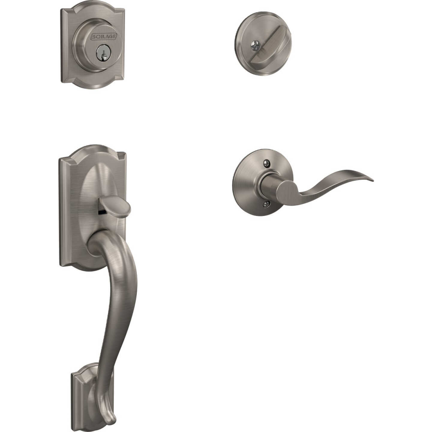 Schlage Camelot Satin Nickel Handleset with Single Cylinder Deadbolt & Accent Lever, Right Handed Image 1