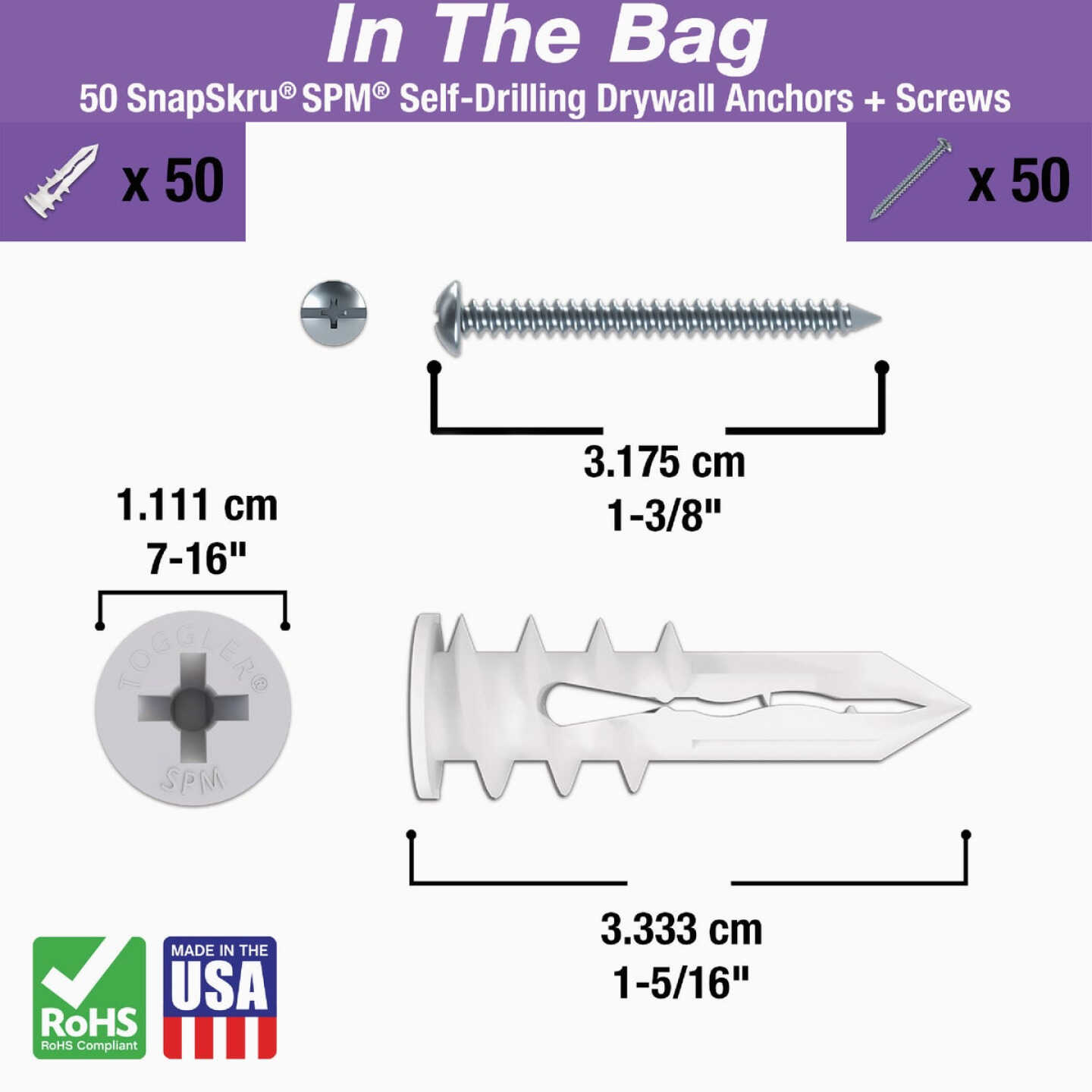Toggler SnapSkru #6 x 1-1/4 In. 65 Lb. Nylon Self-Drilling Mini Drywall Anchor (50-Count) Image 2